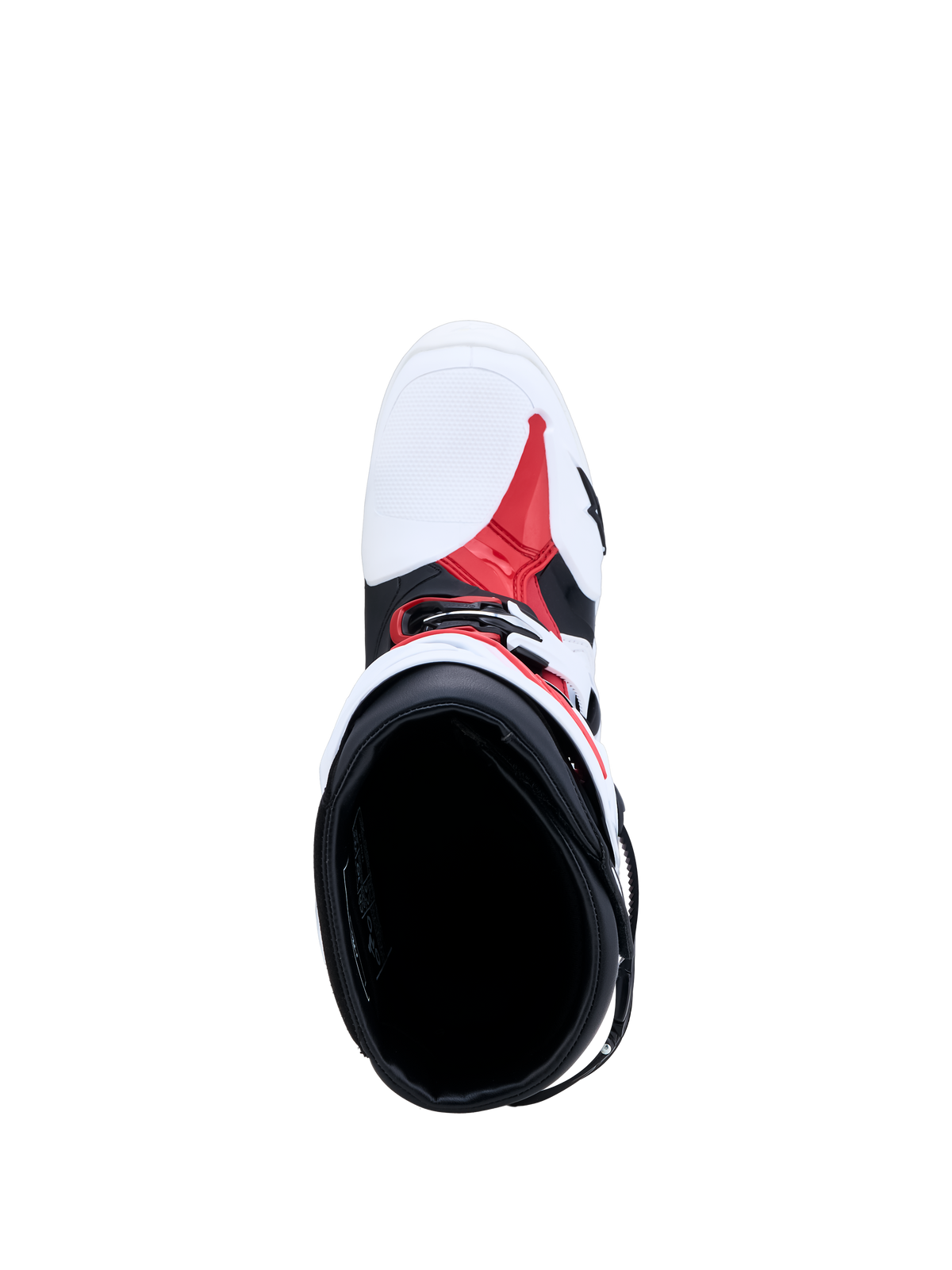 Alpinestars botas Tech-10, botas de moto para motocross, brancas, pretas e vermelhas, vista superior mostrando o interior e chassis de TPU.