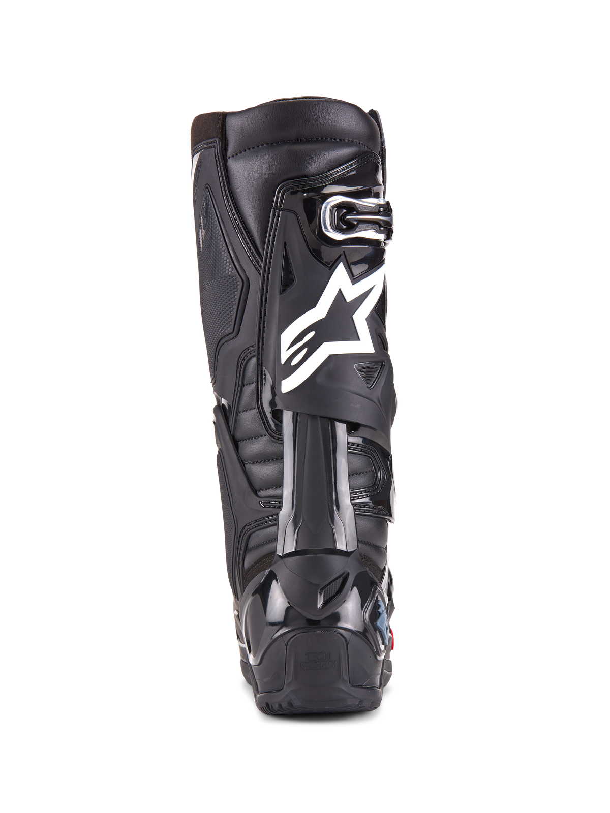 Botas Alpinestars Tech 10 Enduro, pretas, vista traseira de uma bota com o logótipo Alpinestars branco, protetor de calcanhar em TPU durável e design de sola de enduro robusto para corridas todo-o-terreno