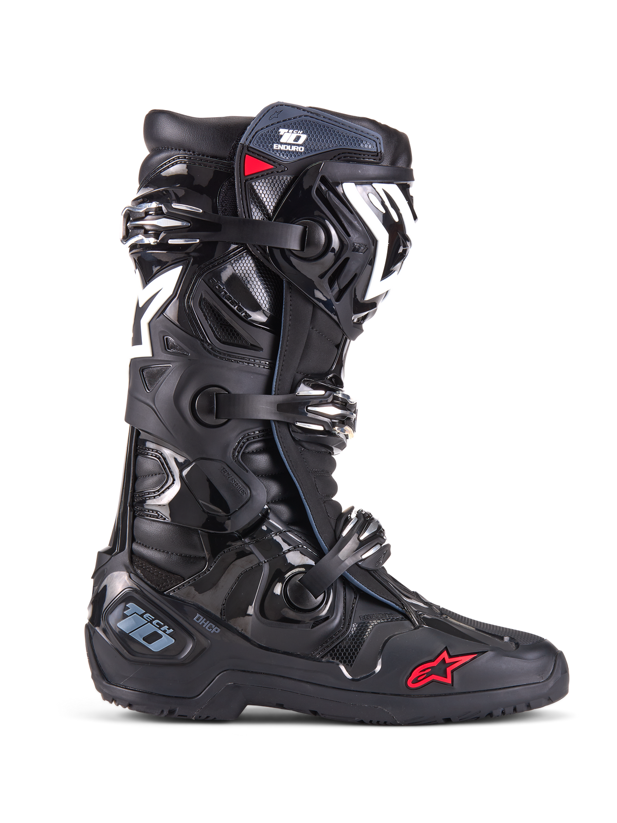 Botas Alpinestars Tech 10 Enduro, botas de motocross todo-o-terreno, pretas com detalhes em branco e vermelho, sistema de fecho com tripla fivela, proteção de canela em TPU e placa de calcanhar, sola de Enduro robusta, logótipo icónico de estrela, proteção de corrida premium