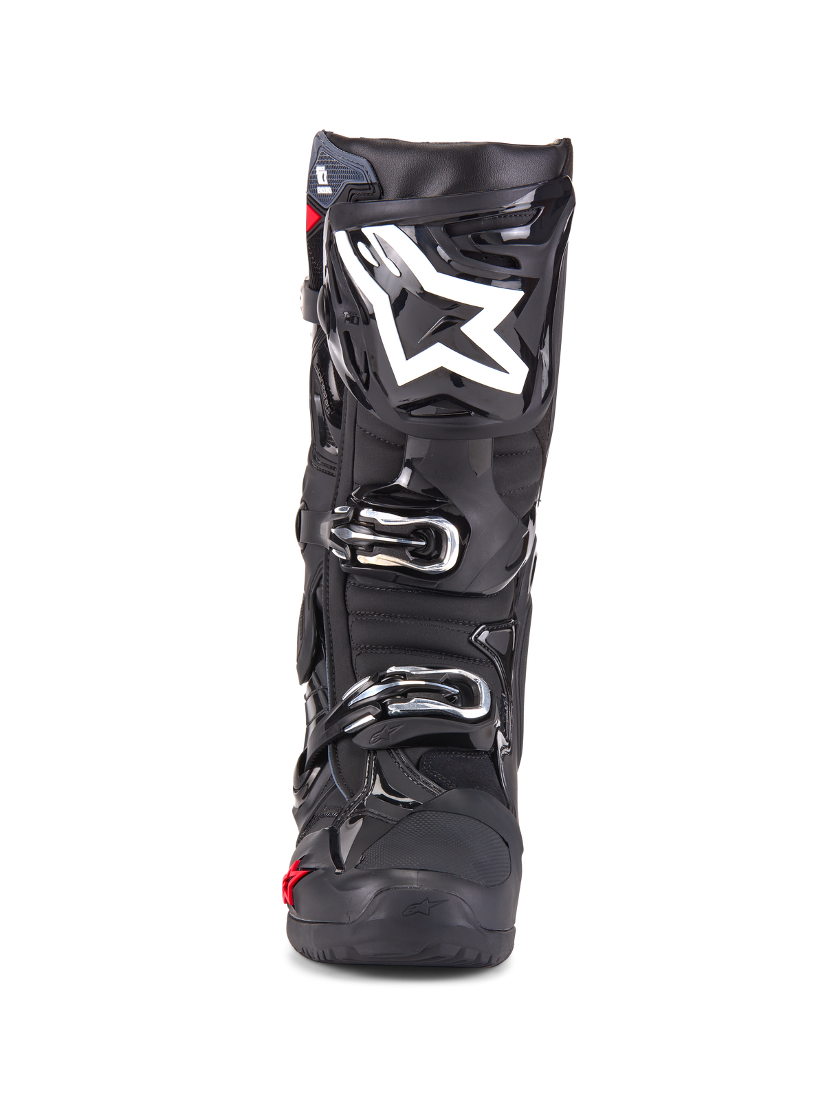 Botas Alpinestars Tech 10 Enduro, botas de motocross, pretas, vista frontal mostrando o logótipo de estrela branco na canela, fivelas prateadas, acabamento preto elegante com painéis de proteção robustos, calçado de alto desempenho para condução todo-o-terreno