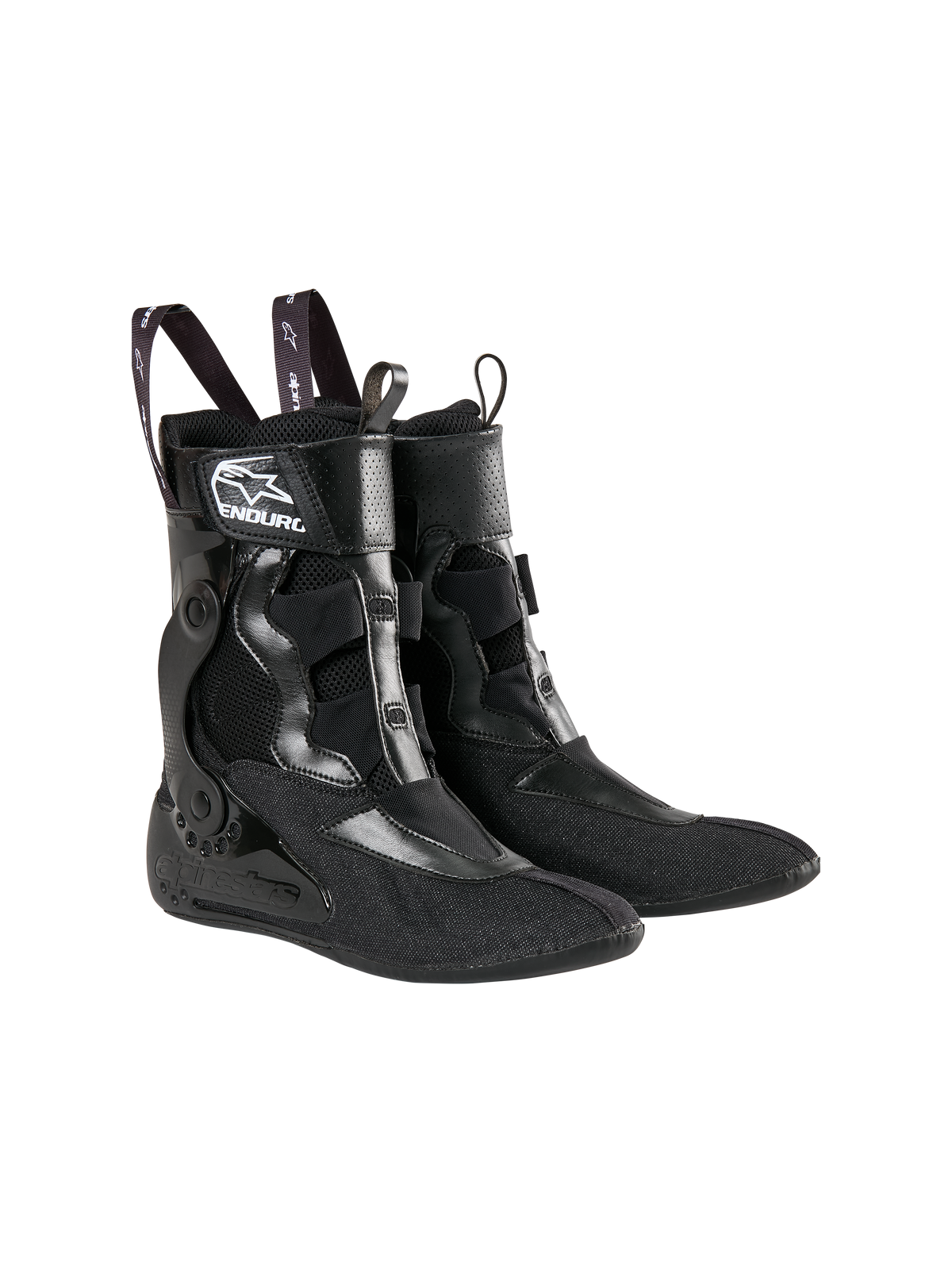 Alpinestars Tech 10 Enduro Inner Booties, botins interiores pretos, construção em têxtil e malha, logótipo Alpinestars branco e marca 'ENDURO', alças com logótipos de estrela, design de suporte de tornozelo estruturado para performance em motocross