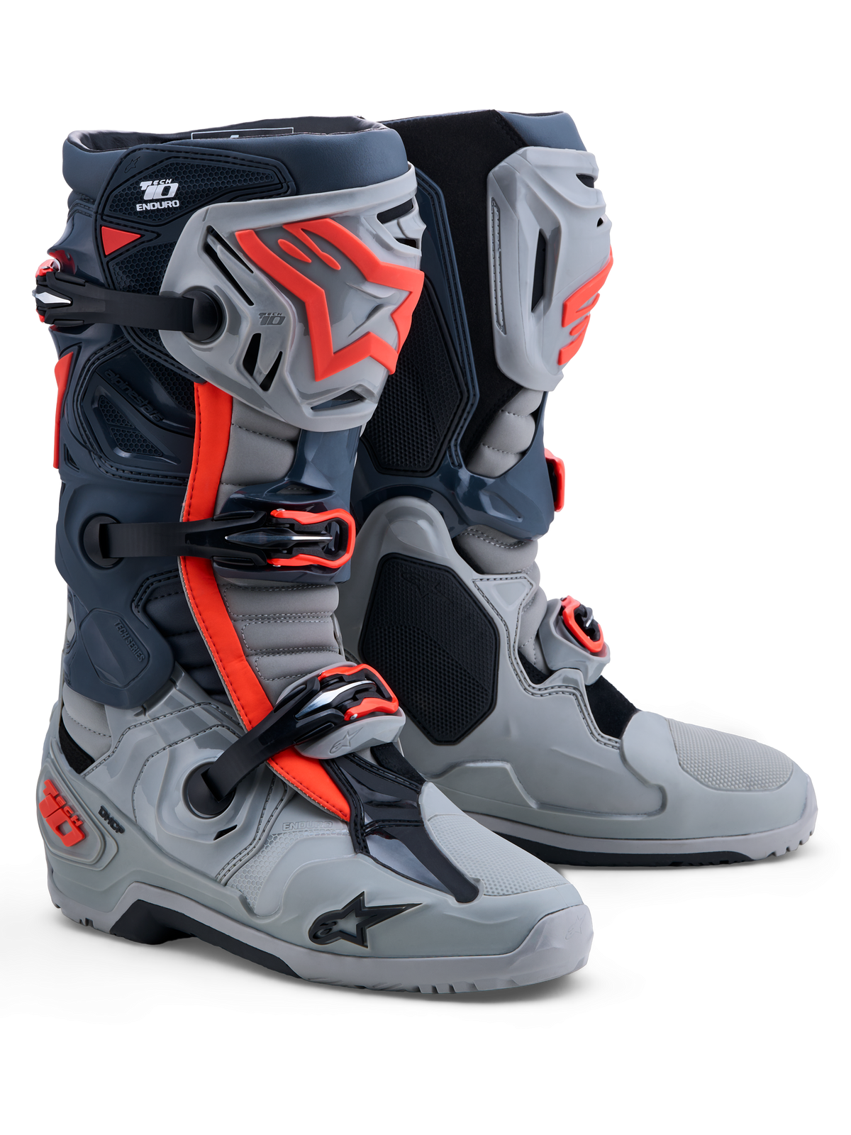 Alpinestars Tech-10 Enduro, botas de moto off-road para homem, cinzentas e vermelho fluo, com proteção TPU e certificadas CE