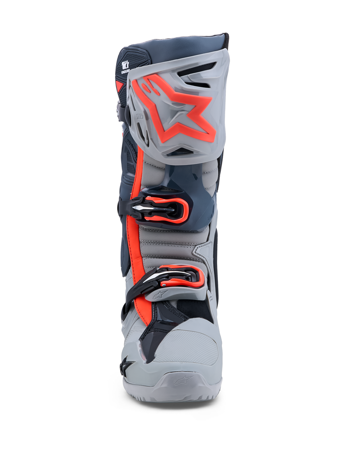 Alpinestars Tech-10 Enduro, botas de motocross cinzentas e vermelhas fluo com fecho de três fivelas e placa de canela em TPU.