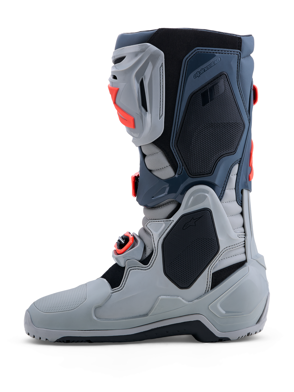 Alpinestars Tech-10 Enduro, botas de moto off-road para homem, cinzentas e vermelhas, com proteção TPU e fivelas.
