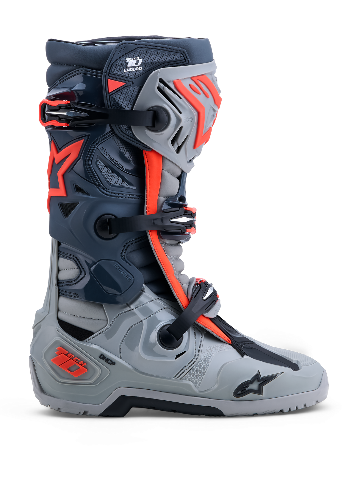 Alpinestars botas Tech-10 Enduro, botas de moto para todo-o-terreno, cinzentas e vermelho fluo, com proteção DCHP e TPU