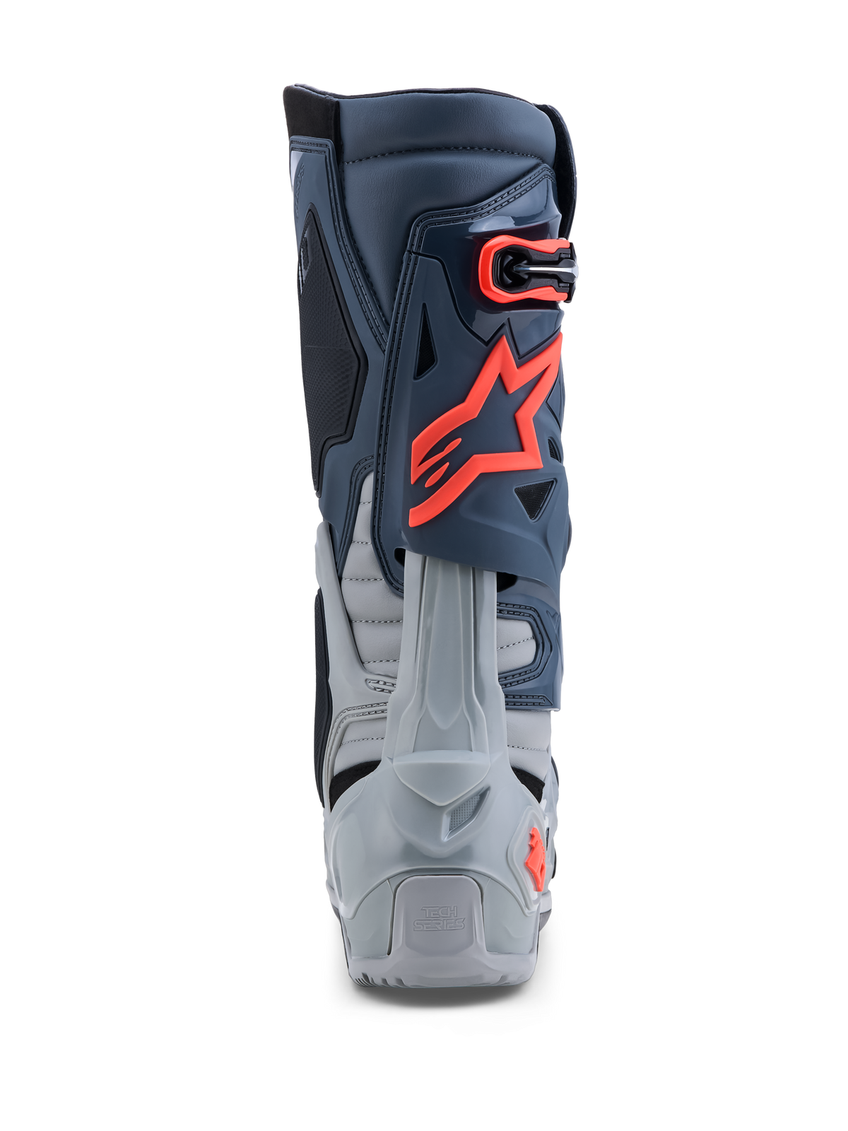 Botas Alpinestars Tech-10 Enduro, botas de moto para todo-o-terreno, cinzentas e vermelho fluo, vista traseira com proteção de calcanhar e construção em TPU.