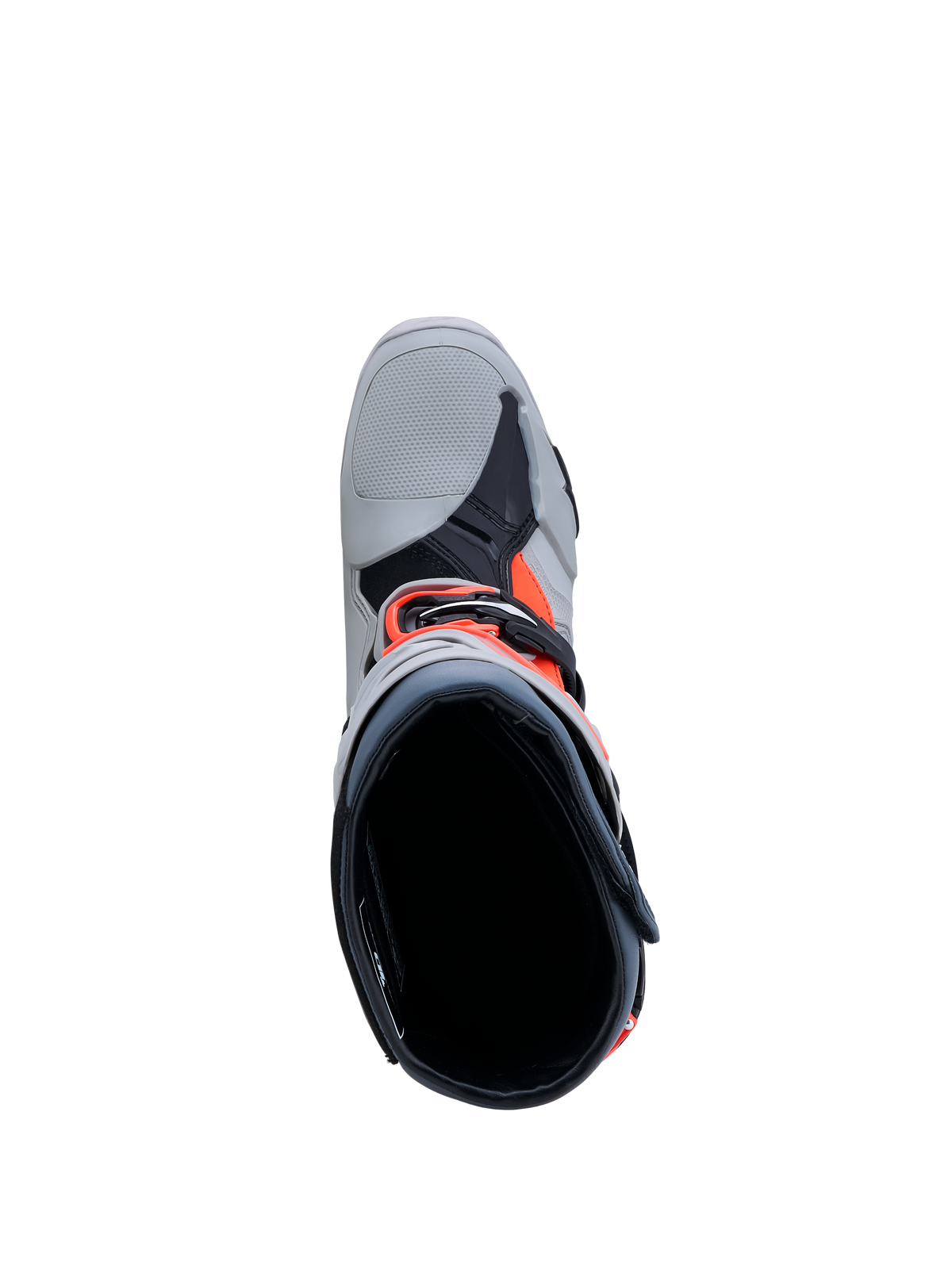Alpinestars Tech-10 Enduro, botas de motocross e enduro para homem, cinzentas e vermelho fluo, vista superior do interior e do sistema de fecho de fivelas.