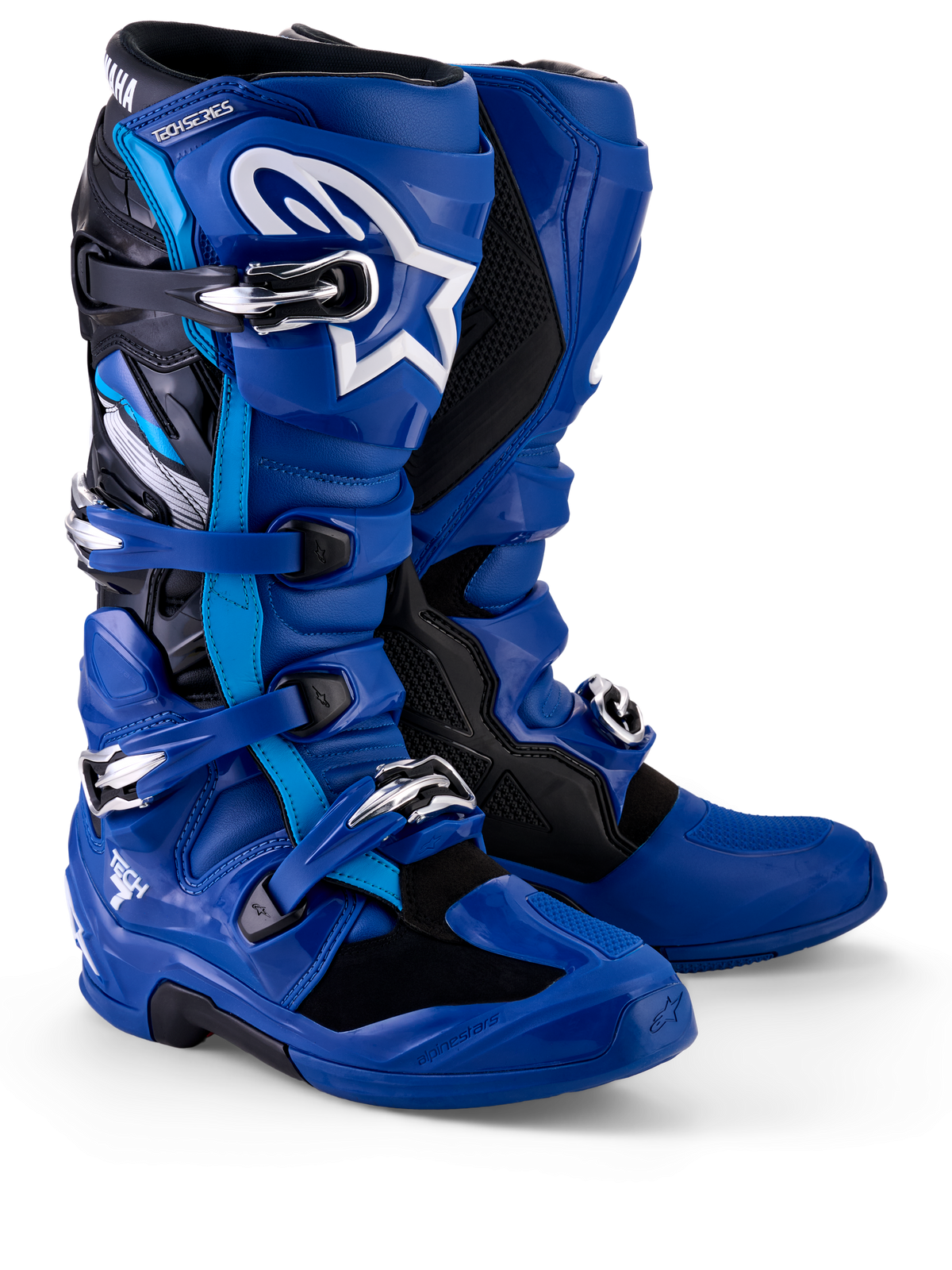 Botas Alpinestars Yamaha Tech 7, botas de motocross, azul, preto e branco, com sistema de fecho de várias fivelas, placa de tíbia em TPU com logótipo Astar branco e marca Yamaha no cano superior, concebidas para performance em todo-o-terreno.