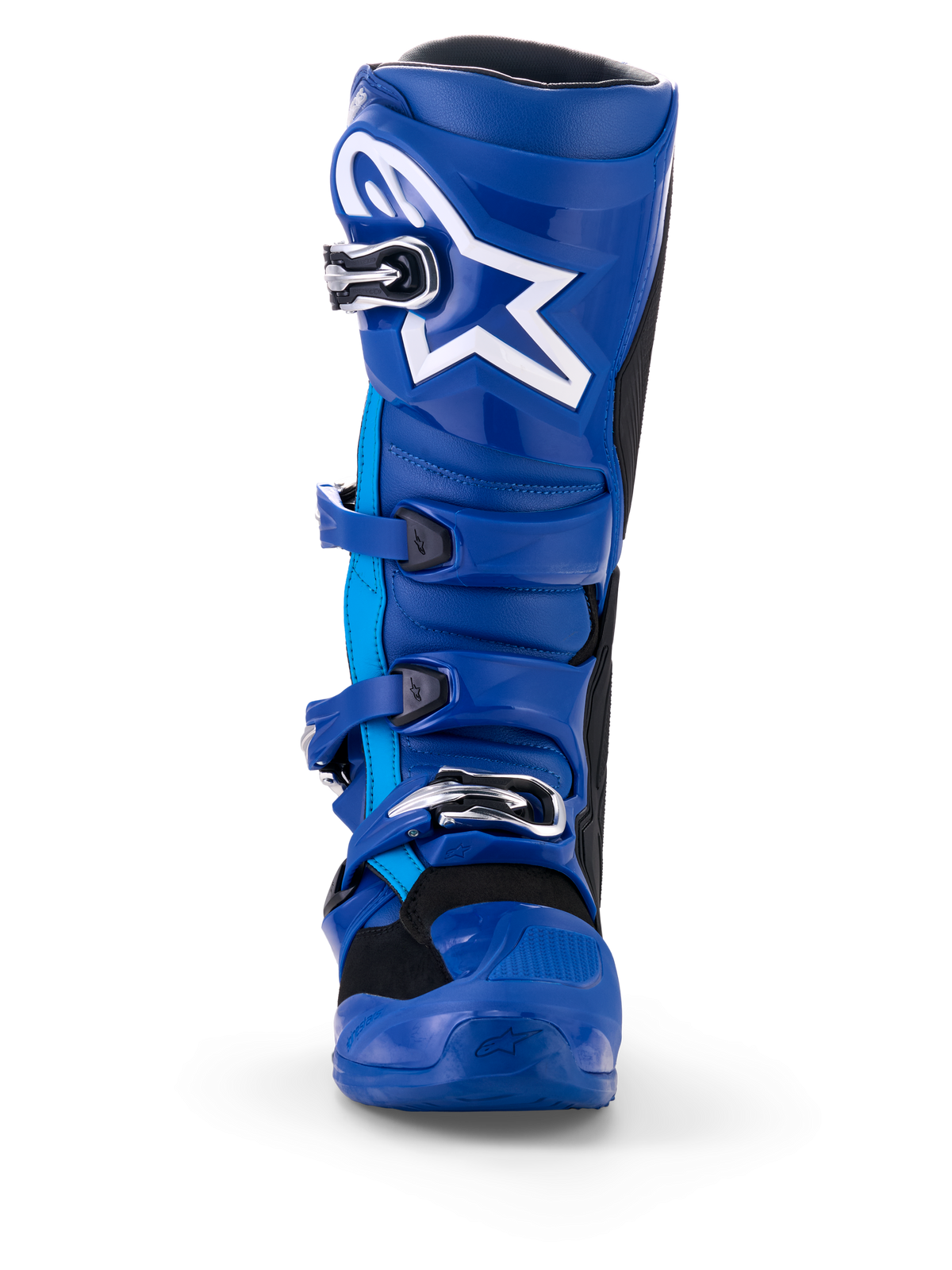 Botas Alpinestars Yamaha Tech 7, botas de motocross, azuis e brancas, vista frontal, com logótipo Astar branco, sistema de fivelas prateadas e estrutura protetora em TPU resistente para corridas de motocross