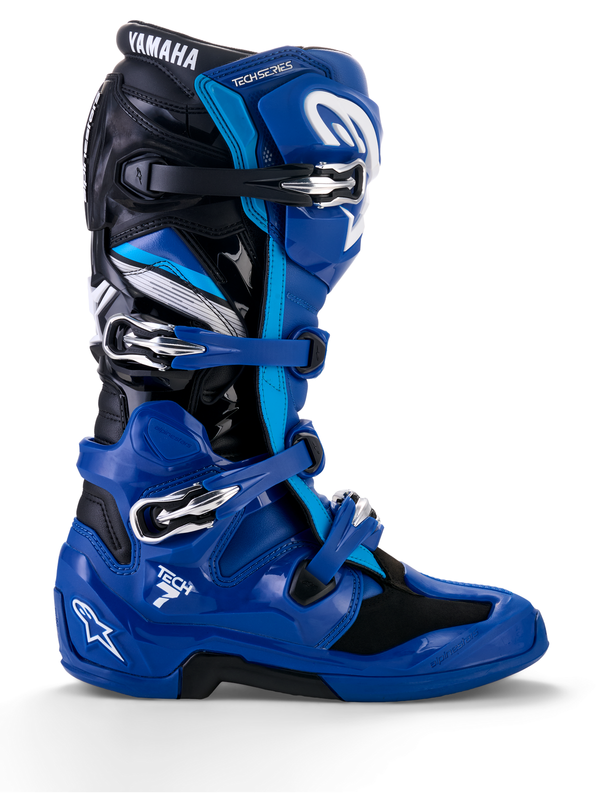 Botas Alpinestars Yamaha Tech 7, botas de motocross, azul com detalhes em preto e branco, perfil lateral com quatro fivelas ajustáveis, proteção reforçada em TPU na canela e no calcanhar, logótipo Yamaha em destaque e sola robusta para desempenho todo-o-terreno