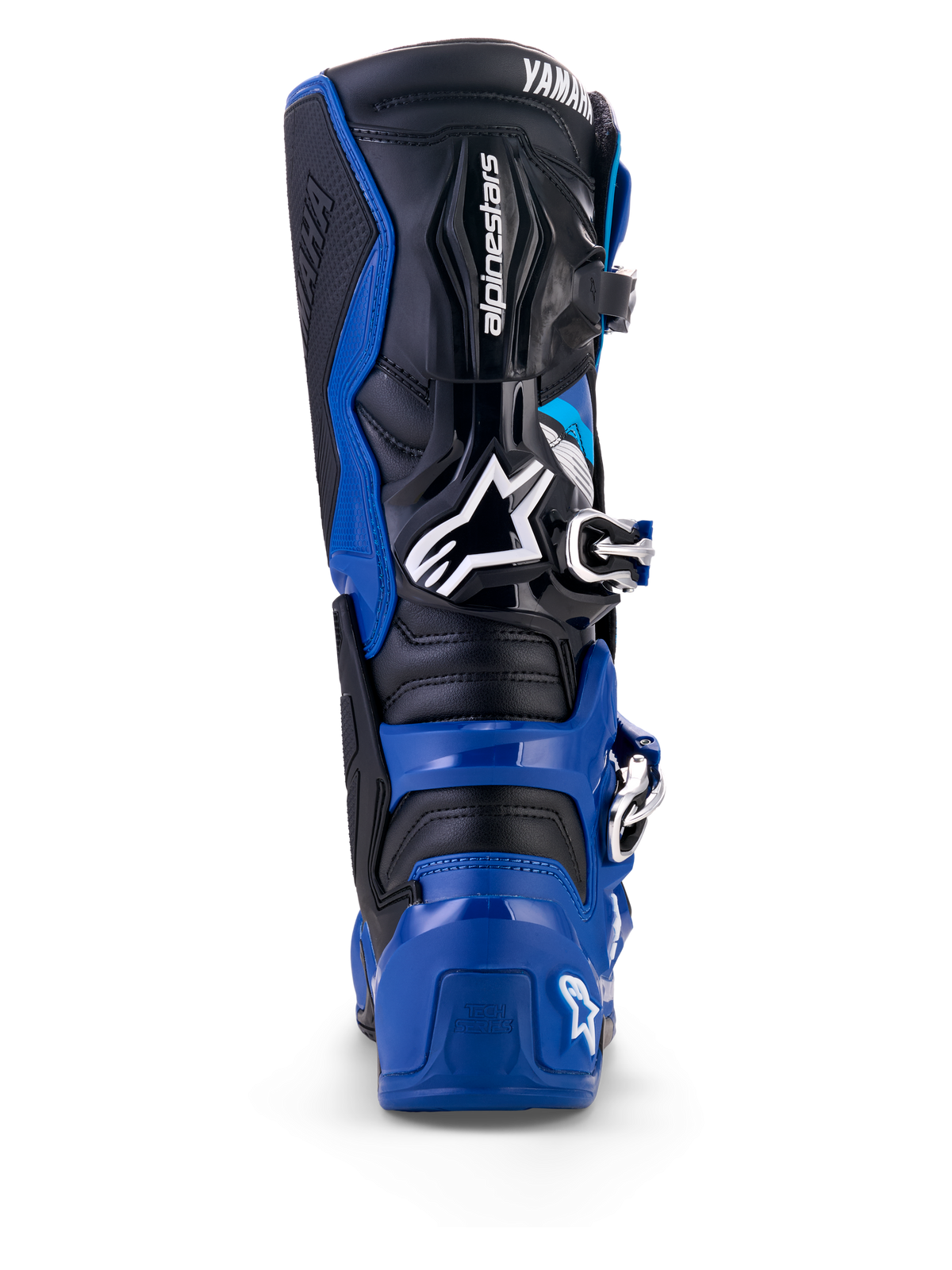Vista traseira das botas Alpinestars Yamaha Tech 7 em azul, preto e branco, com estrutura protetora em TPU, sistema de tornozelo articulado e logótipos Alpinestars e Yamaha em destaque, concebidas para motocross e condução todo-o-terreno.