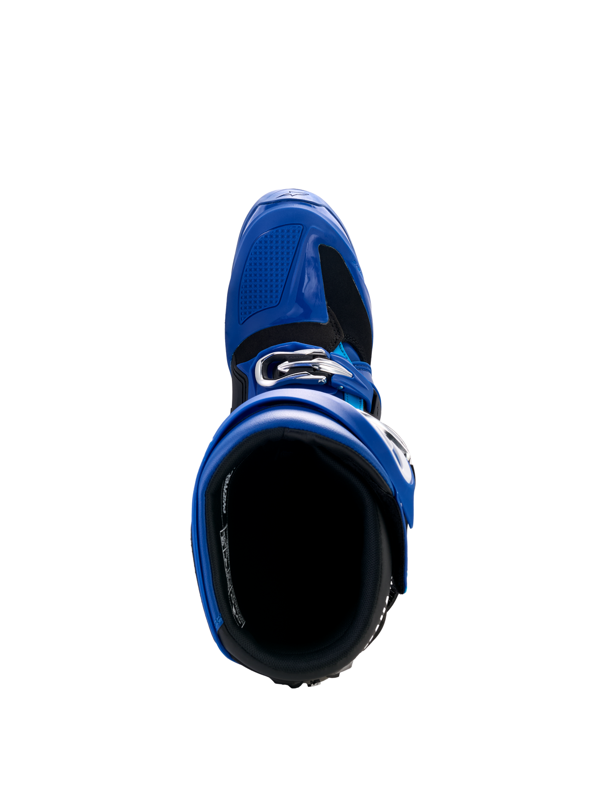 Botas Alpinestars Yamaha Tech 7, botas de motocross, azuis, pretas e brancas, vista superior mostrando a abertura interior e o sistema de fivelas ajustáveis, calçado de proteção de alta performance para corridas todo-o-terreno