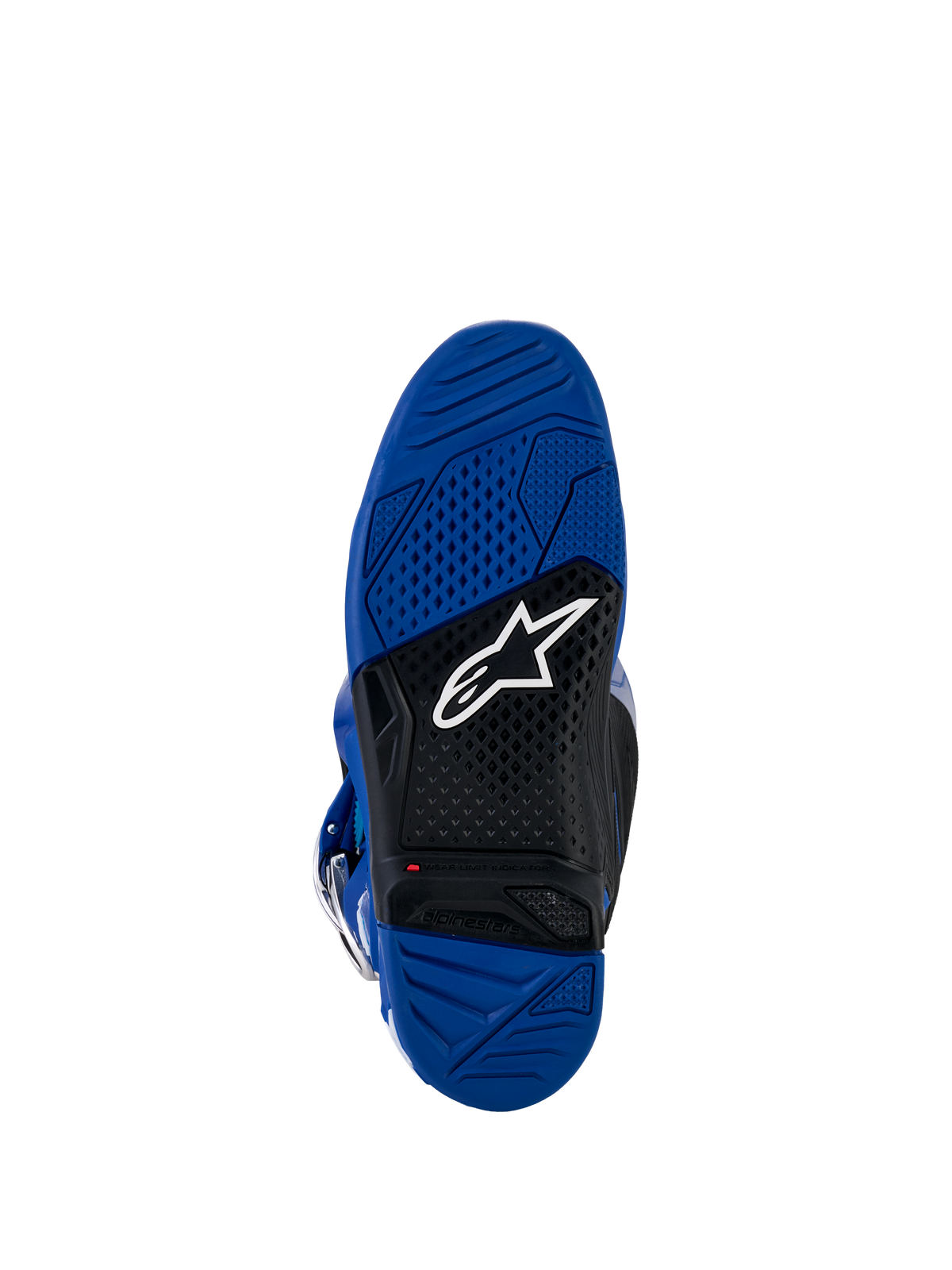 Botas Alpinestars Yamaha Tech 7, botas de motocross, vista da sola azul e preta, sola exterior de borracha vulcanizada de duplo composto com padrão de aderência texturizado, apresentando o logótipo Alpinestars em branco e indicador vermelho de limite de desgaste