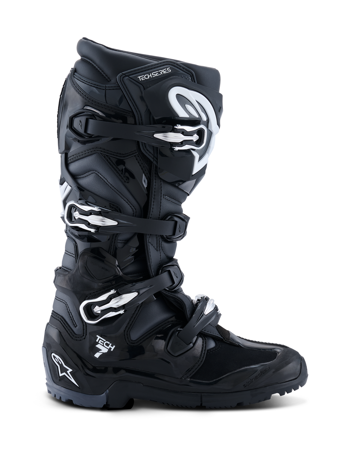 Alpinestars 2026 Tech 7 Enduro Boots, Black Anthracite White, specialized off-road motorcycle boots featuring a four-buckle closure system, durable PU-reinforced microfiber upper, and a rugged lugged sole for enduro terrain, sleek design with prominent Tech 7 branding on the heel.