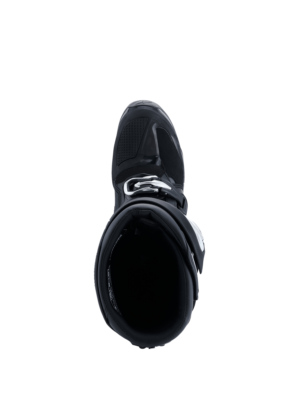 Alpinestars 2026 Tech 7 Enduro Boots, Off-road Motorcycle Boots, Black Anthracite White, top-down view looking into the boot opening, showing the padded interior lining and buckle closure system, durable protective construction for enduro riding.