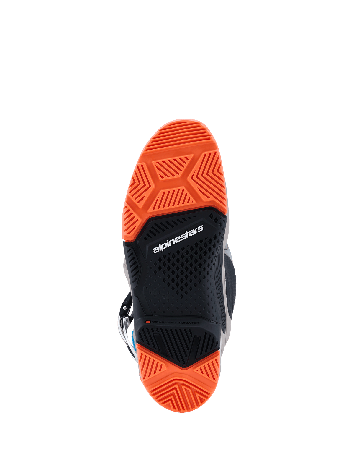 Alpinestars 2026 Tech 7 Enduro Boots, bottom view of the specialized dual-compound sole, Black and Orange Fluo, intricate tread patterns for superior off-road grip, featuring Alpinestars branding and wear limit indicator.