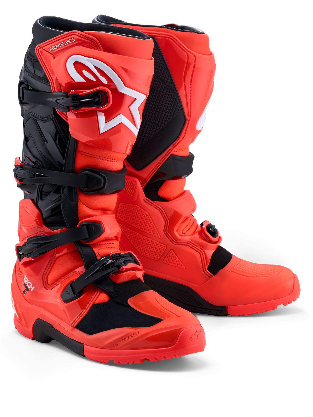 Alpinestars botas Tech 7 Enduro, botas de moto todo-o-terreno, vermelhas e pretas, com proteção TPU e fecho de fivelas.