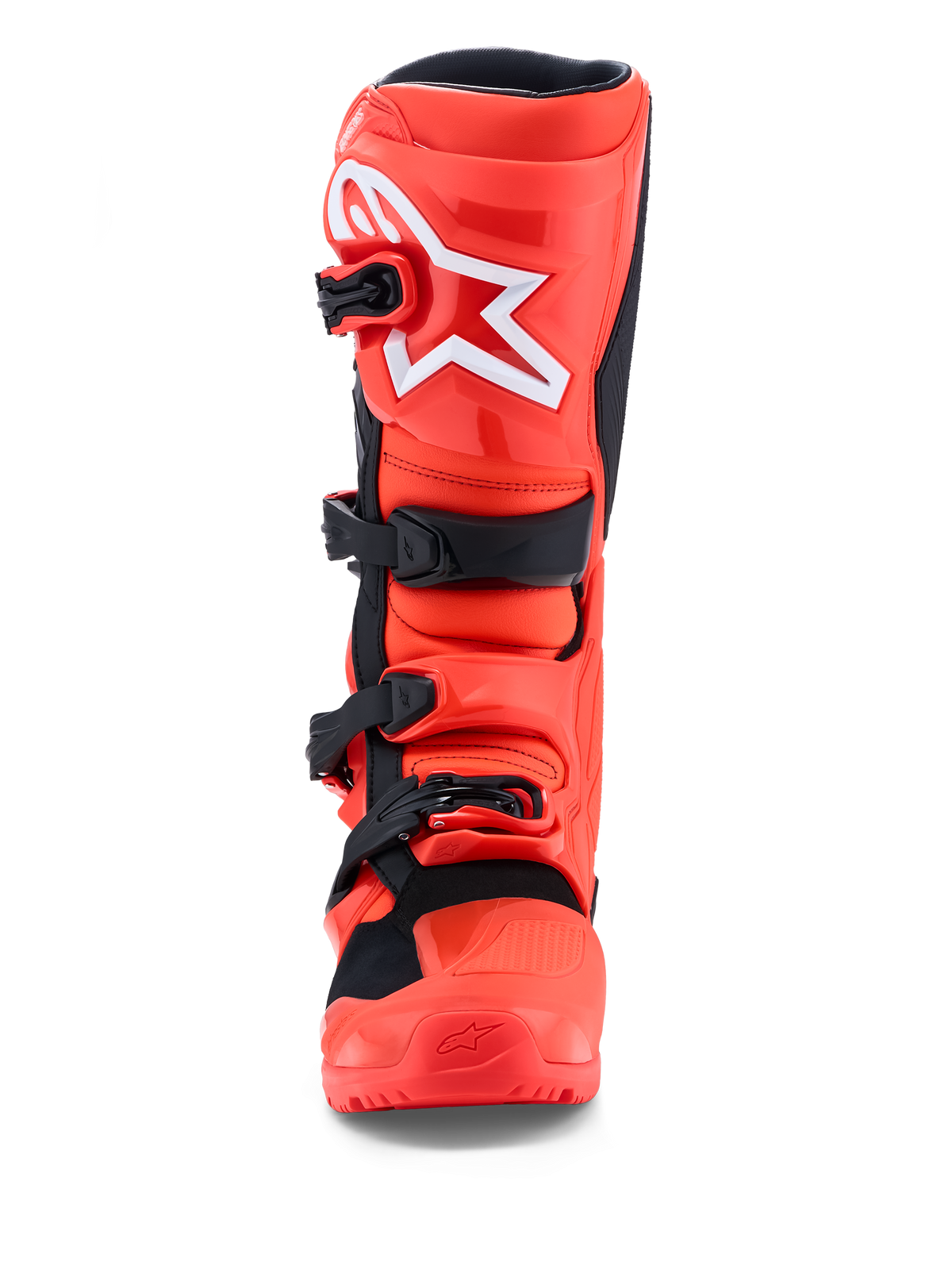 Alpinestars Botas Tech 7 Enduro, botas de motocross para homem, vermelhas fluorescentes e pretas, proteção em TPU, certificadas CE, vista frontal.