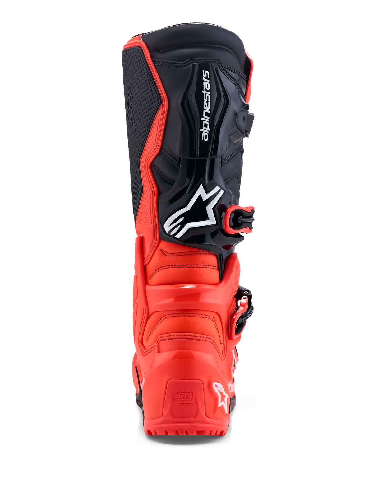 Alpinestars Tech 7 Enduro, botas de moto todo-o-terreno, vermelhas e pretas, vista traseira com proteção TPU