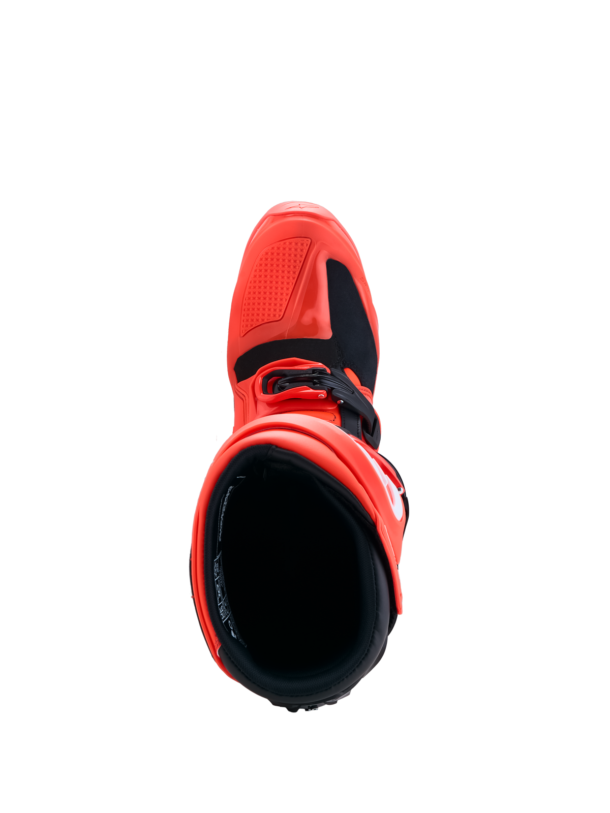 Botas Alpinestars Tech 7 Enduro vermelhas e pretas, vista superior do chassis de TPU durável e forro interior.