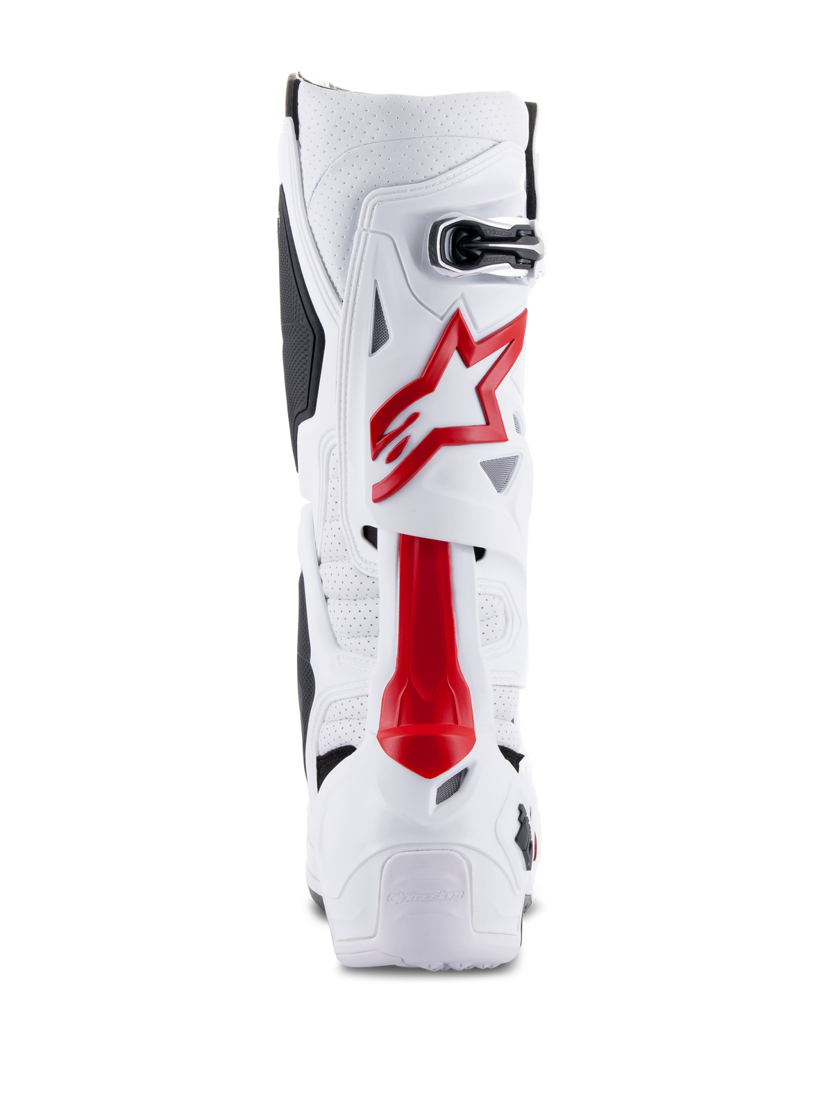 Alpinestars Tech 10 Supervented Boots, Motocross Boots, White and Bright Red, rear view showing ventilated microfiber, red star logo, and reinforced TPU shell for off-road performance