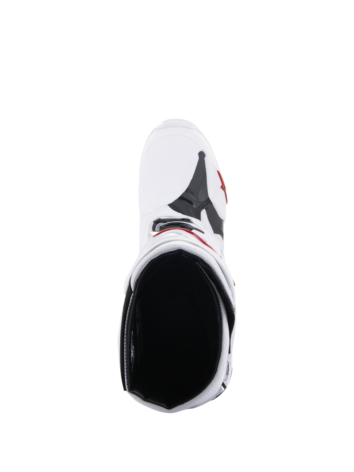 Alpinestars Tech 10 Supervented Boots, Motocross Boots, White and Bright Red, top-down view showing the interior mesh lining and ventilated upper construction, high-performance off-road racing gear