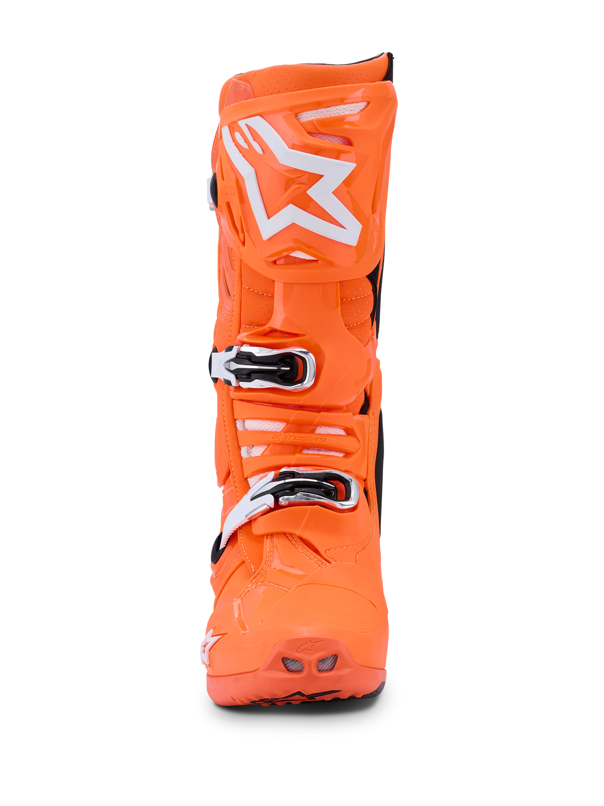 Botas Alpinestars Tech 10 Supervented, Laranja Fluo, Preto e Branco, vista frontal de uma bota de motocross laranja néon brilhante, logótipo da estrela Alpinestars branco na placa da canela, fivelas mecânicas e entradas de ventilação perfuradas para performance todo-o-terreno