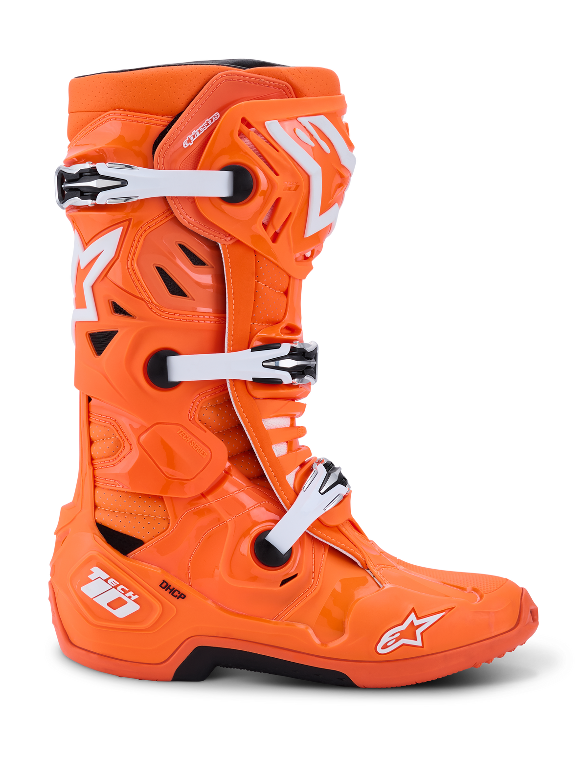 Botas Alpinestars Tech 10 Supervented, botas de motocross, laranja flúor e branco, vista de perfil mostrando fivelas mecânicas brancas e detalhes pretos, design ventilado com painéis perfurados, calçado de proteção premium para competição