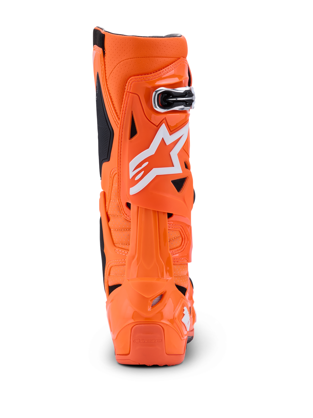 Botas Alpinestars Tech 10 Supervented, Laranja Fluo Preto Branco, vista traseira mostrando o perfil posterior, estrutura rígida em TPU com logótipo Alpinestars branco, calçado de performance para motocross profissional