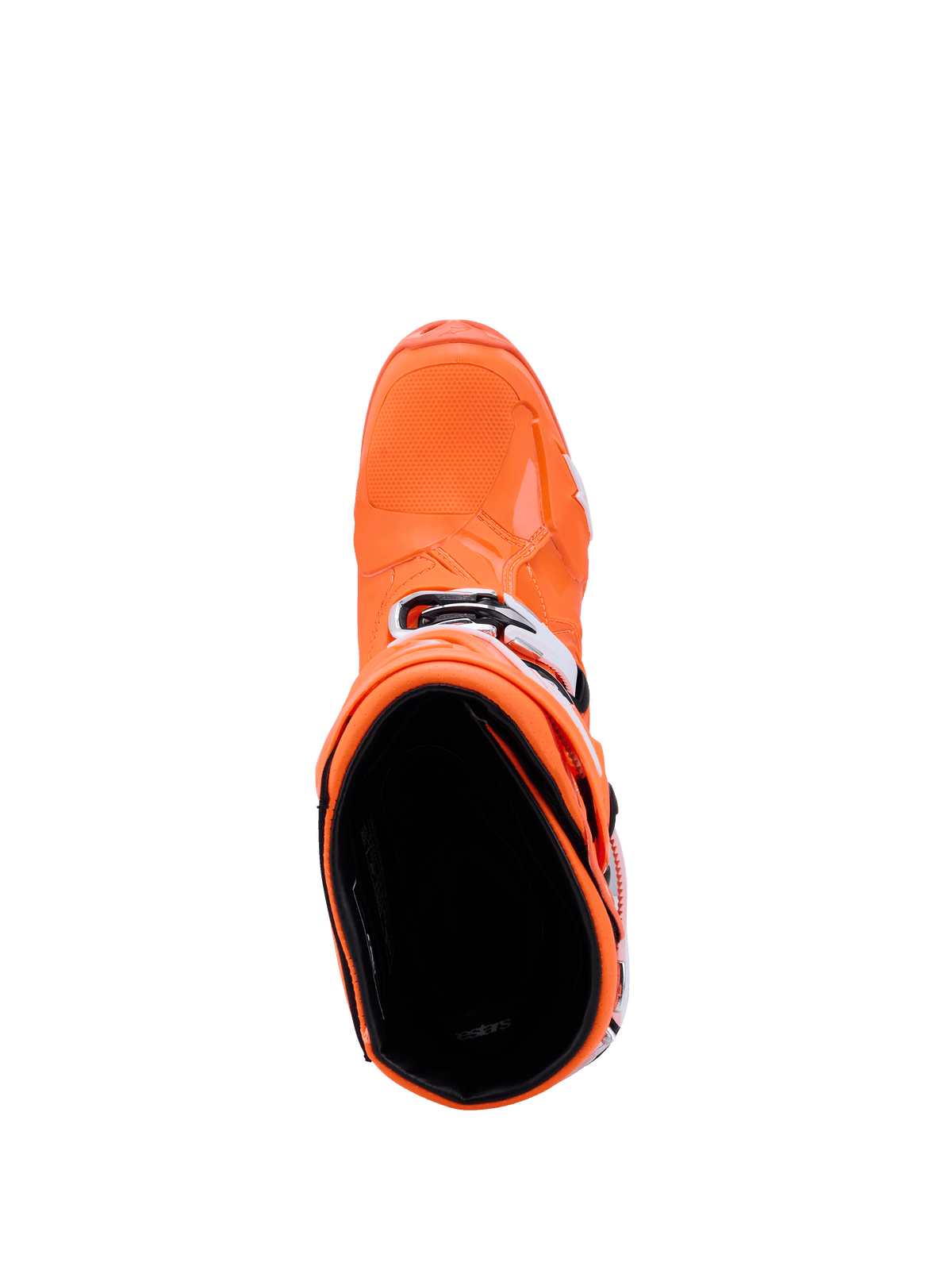 Botas Alpinestars Tech 10 Supervented, Laranja Fluo Preto Branco, vista superior para o interior da bota, mostrando a biqueira texturizada e as fivelas laterais, calçado avançado de competição de motocross