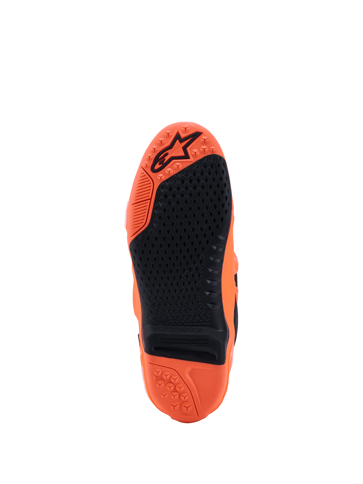 Botas Alpinestars Tech 10 Supervented, Laranja Fluo e Preto, vista da sola com rasto de borracha preta texturizada, inserção central substituível e logótipo em relevo na base laranja, concebidas para performance em motocross.