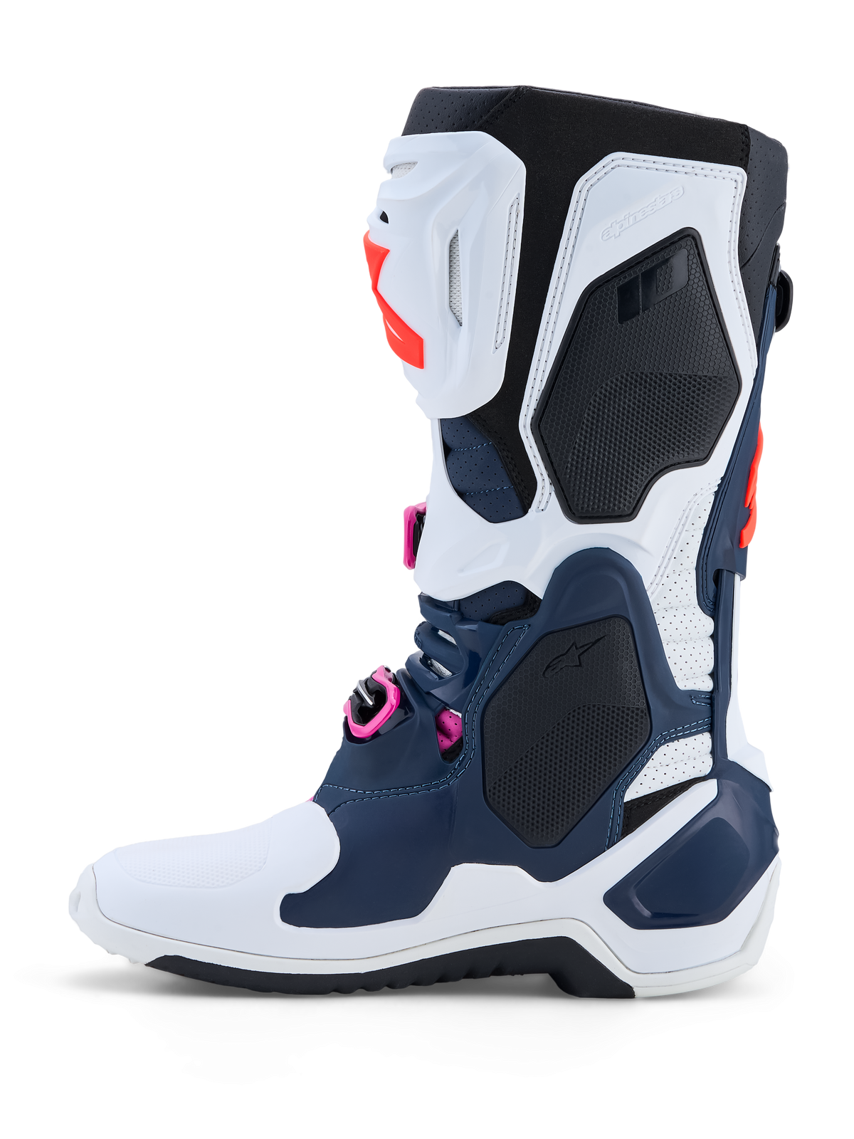 Alpinestars Tech-10 Supervented Boots, dark blue and white motocross boots with fuchsia accents and ventilated TPU shell.