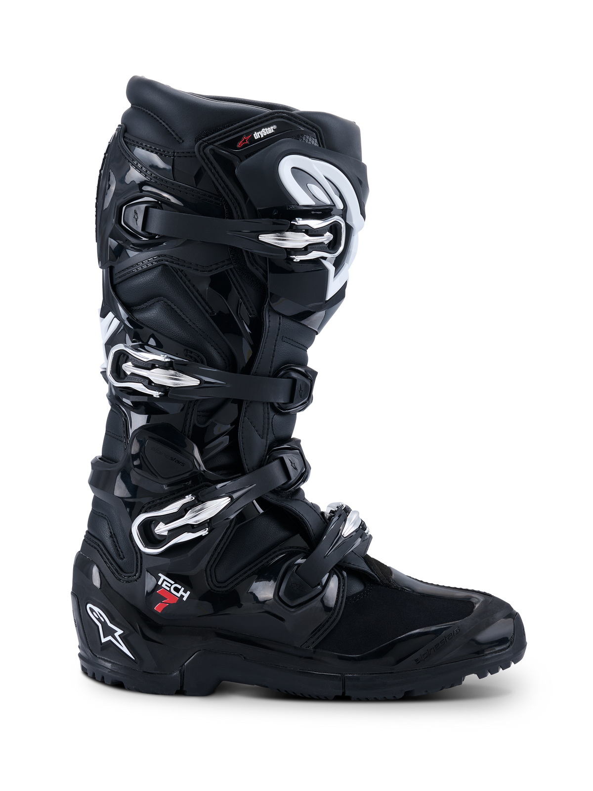 Alpinestars 2026 Tech 7 Enduro Drystar® Boots, botas de motociclismo off-road pretas, vista de perfil com quatro fechos de fivela prateados, sola enduro de composto duplo robusta e proteção TPU extensa com acabamentos em preto mate e brilhante.