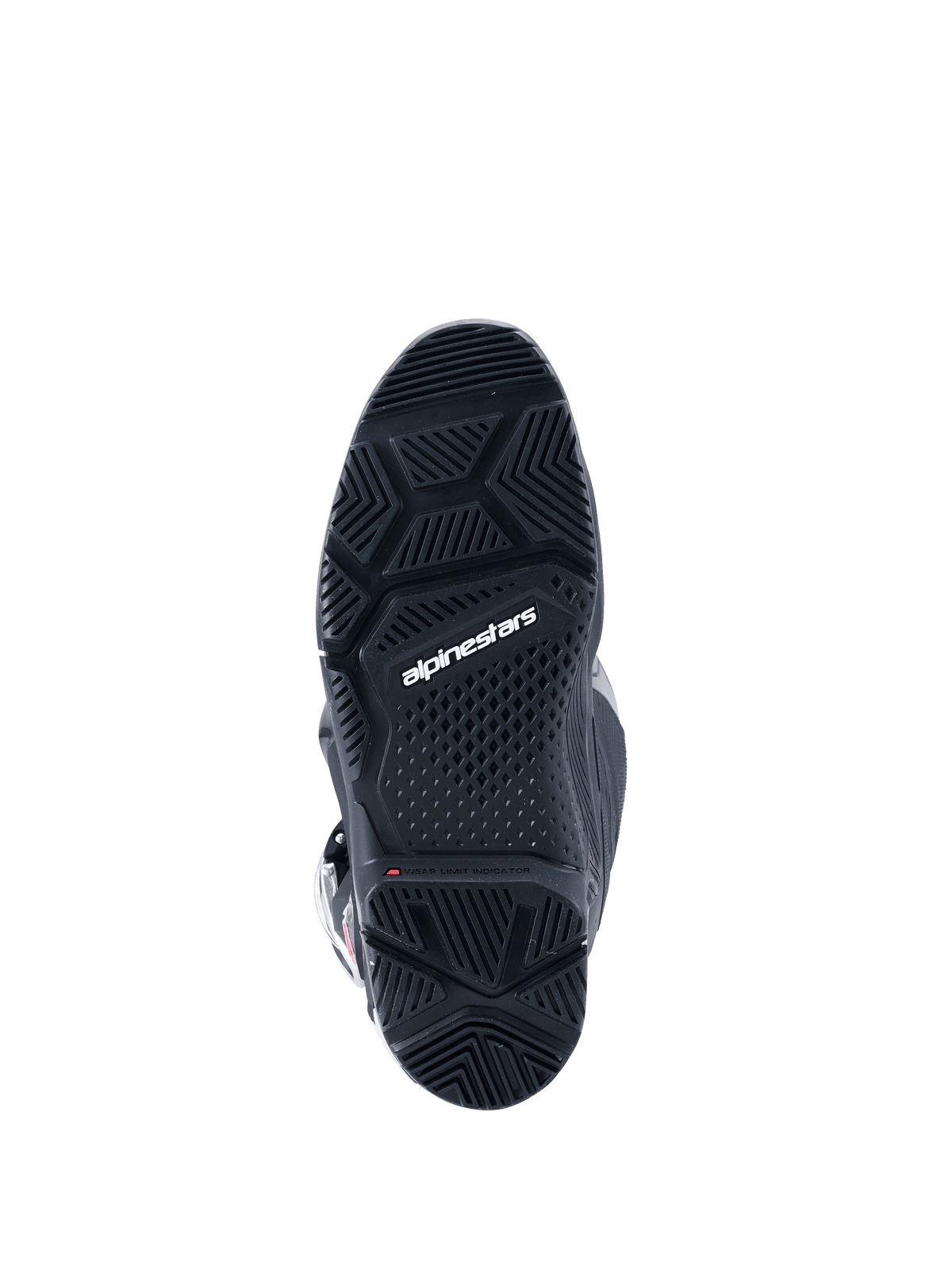 Botas Alpinestars 2026 Tech 7 Enduro Drystar®, pretas, vista inferior da sola enduro especializada de composto duplo, com padrões de rasto geométricos para aderência em todos os terrenos e logótipo Alpinestars a branco
