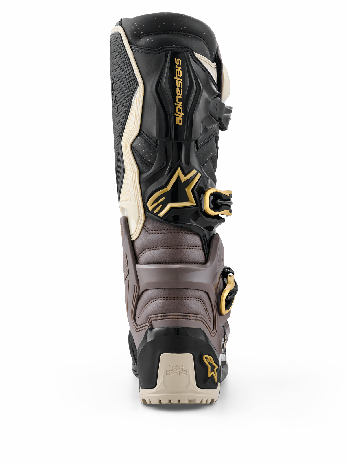 Botas Alpinestars 2026 Tech 7 Enduro Drystar®, calçado de enduro de alta performance, preto, cinzento escuro e dourado, vista traseira mostrando a estrutura protetora em TPU, fivelas douradas e o logótipo Alpinestars