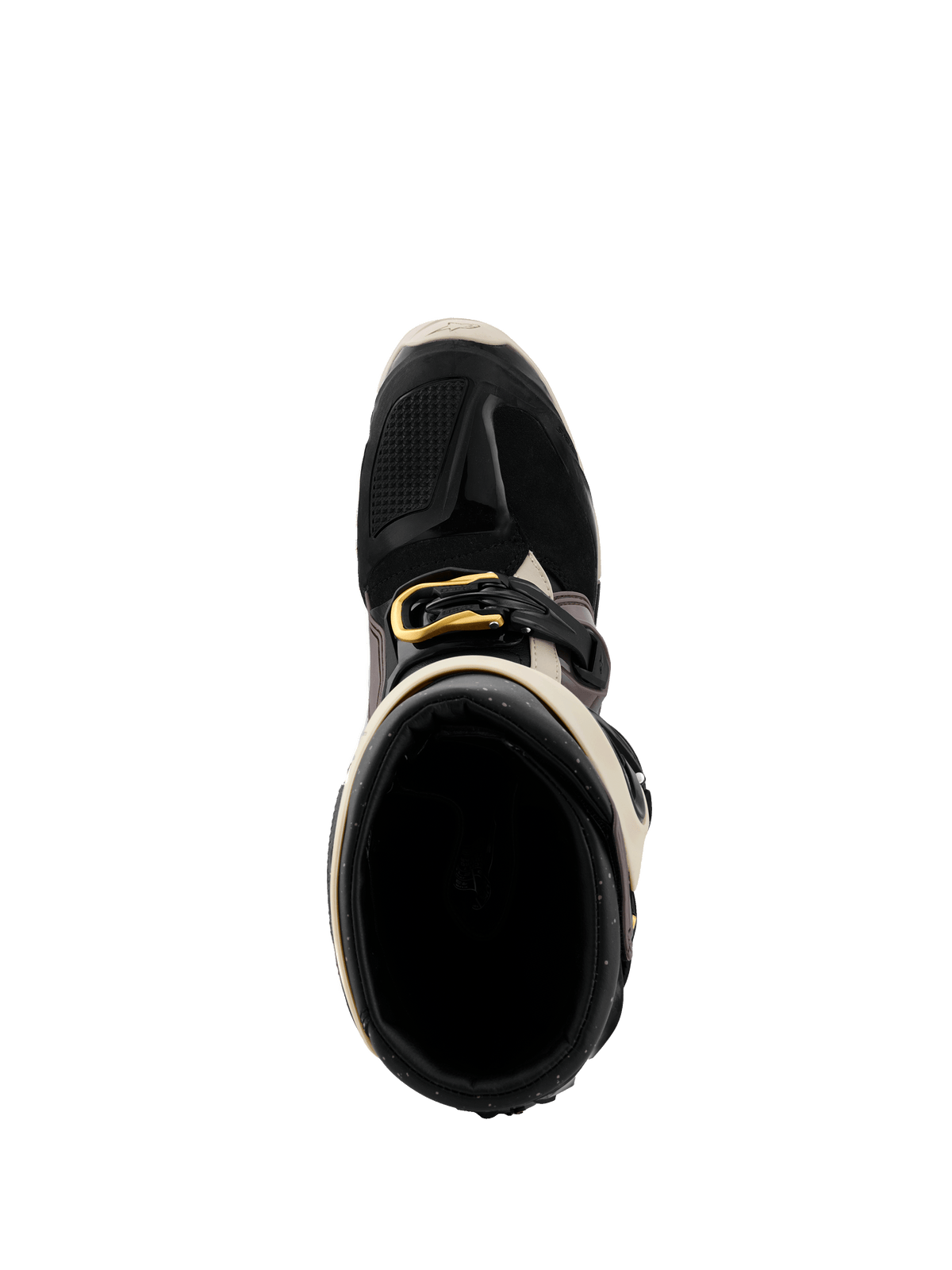 Botas Alpinestars 2026 Tech 7 Enduro Drystar®, em preto, cinzento escuro e dourado, vista superior da abertura da bota, destacando a fivela dourada, o forro interior e a biqueira protetora em TPU.