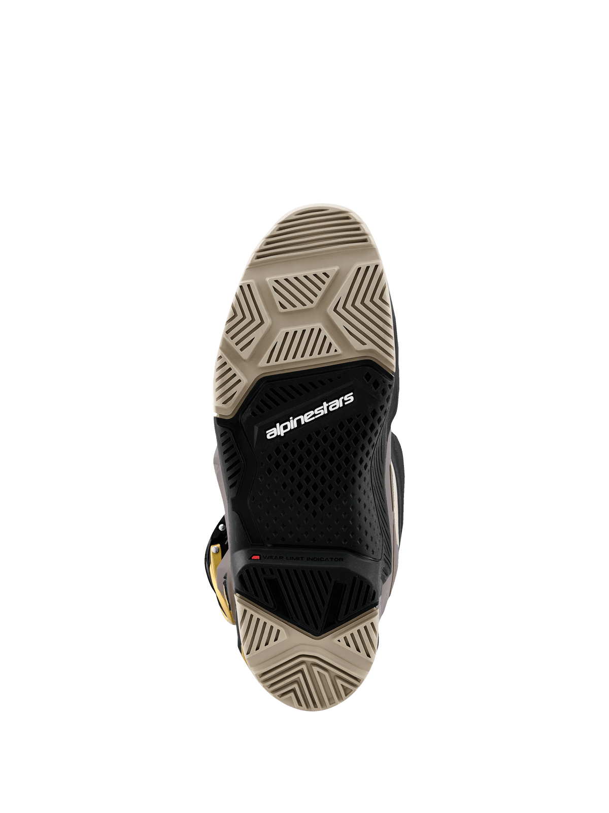 Botas Alpinestars 2026 Tech 7 Enduro Drystar®, vista inferior mostrando a sola de composto duplo, padrões de rasto especializados em bege e preto para máxima aderência, logótipo Alpinestars branco e indicador de limite de desgaste vermelho