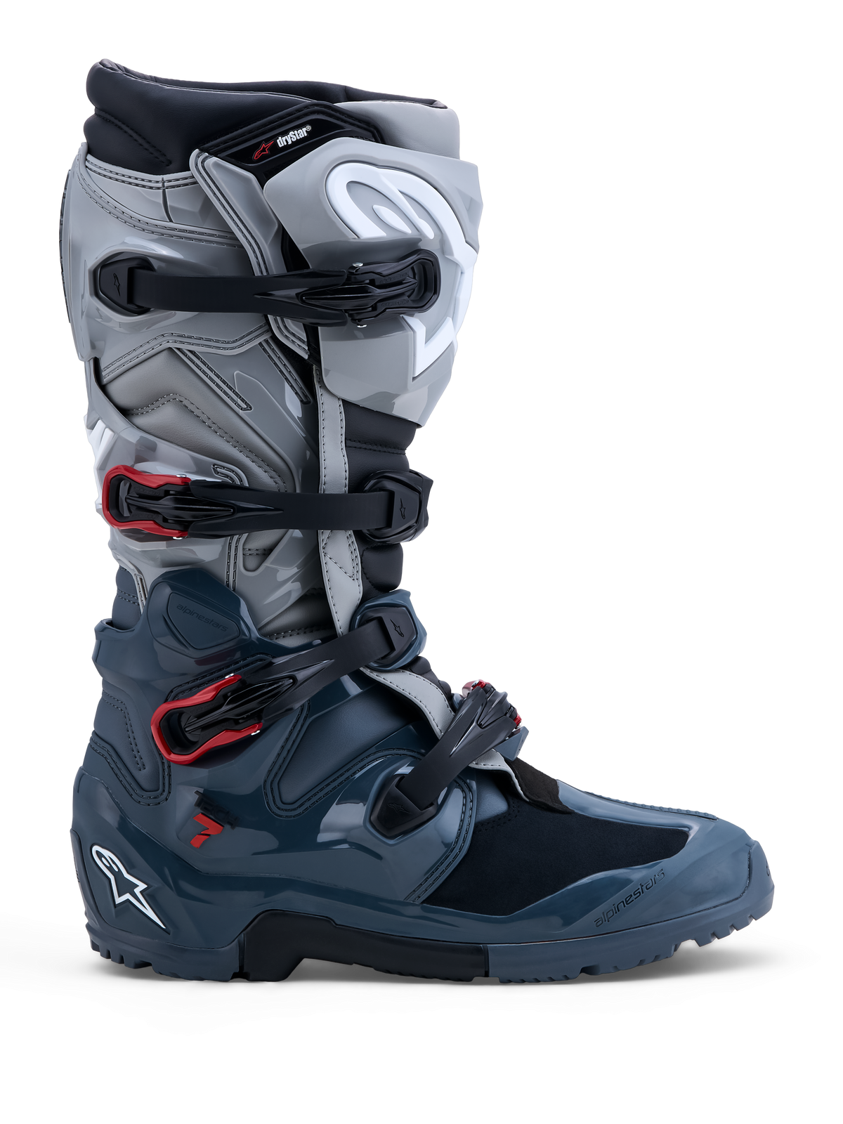 Alpinestars Tech 7 Enduro Drystar, botas de moto todo-o-terreno para homem, cinzentas e vermelhas, impermeáveis.
