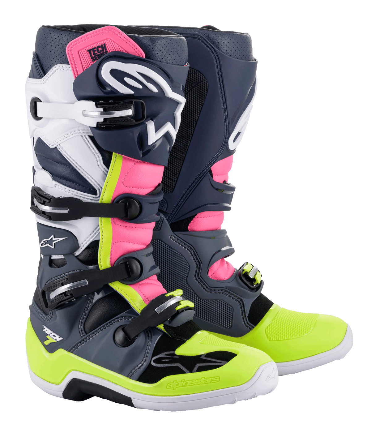 Botas Alpinestars Tech 7, botas de motocross, em cinzento escuro, azul escuro, rosa fluo e amarelo néon, com sistema de fecho de fivelas múltiplas, painéis de proteção em TPU e logótipo Alpinestars para corridas todo-o-terreno