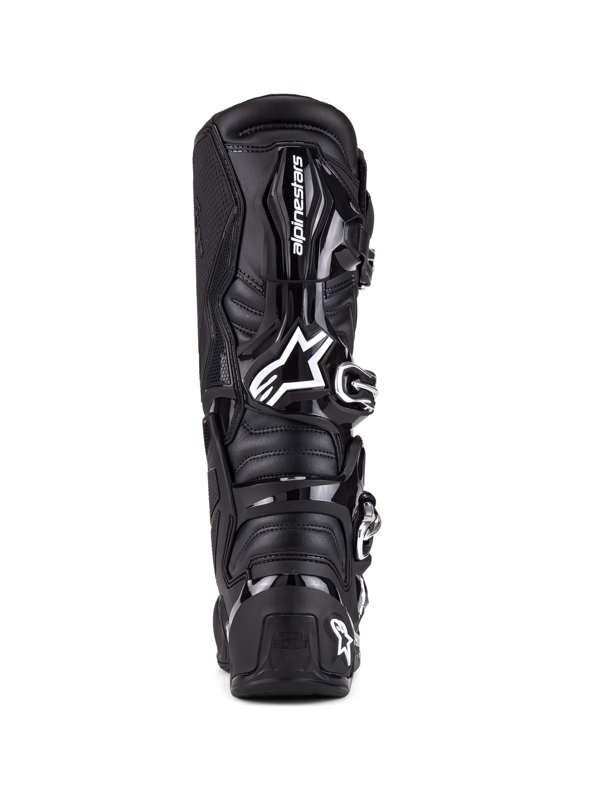 Botas Alpinestars Tech 7, botas de motocross, pretas, vista traseira com proteção em TPU, sistema de fecho de fivelas e logótipo da marca