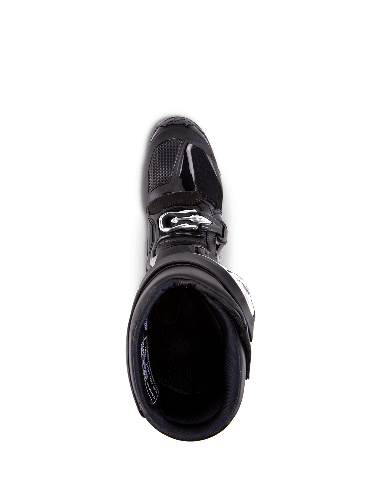 Botas Alpinestars Tech 7, botas de motocross, pretas, vista superior para o interior do forro, com fecho de fivela prateada e zona dos dedos reforçada, calçado profissional de corrida todo-o-terreno