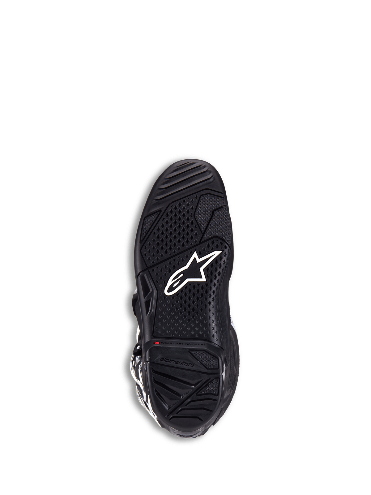 Botas Alpinestars Tech 7, botas de motocross, pretas, vista da sola com logótipo da estrela branco, borracha de duplo composto texturizada para máxima aderência, indicador de limite de desgaste vermelho