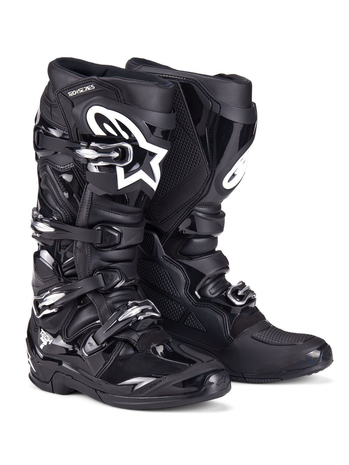 Botas Alpinestars Tech 7, botas de motocross, pretas, com uma construção robusta, sistema de fecho de quatro fivelas, painéis de proteção em TPU e logótipo Alpinestars branco na zona da canela, calçado profissional de todo-o-terreno para corridas em terra