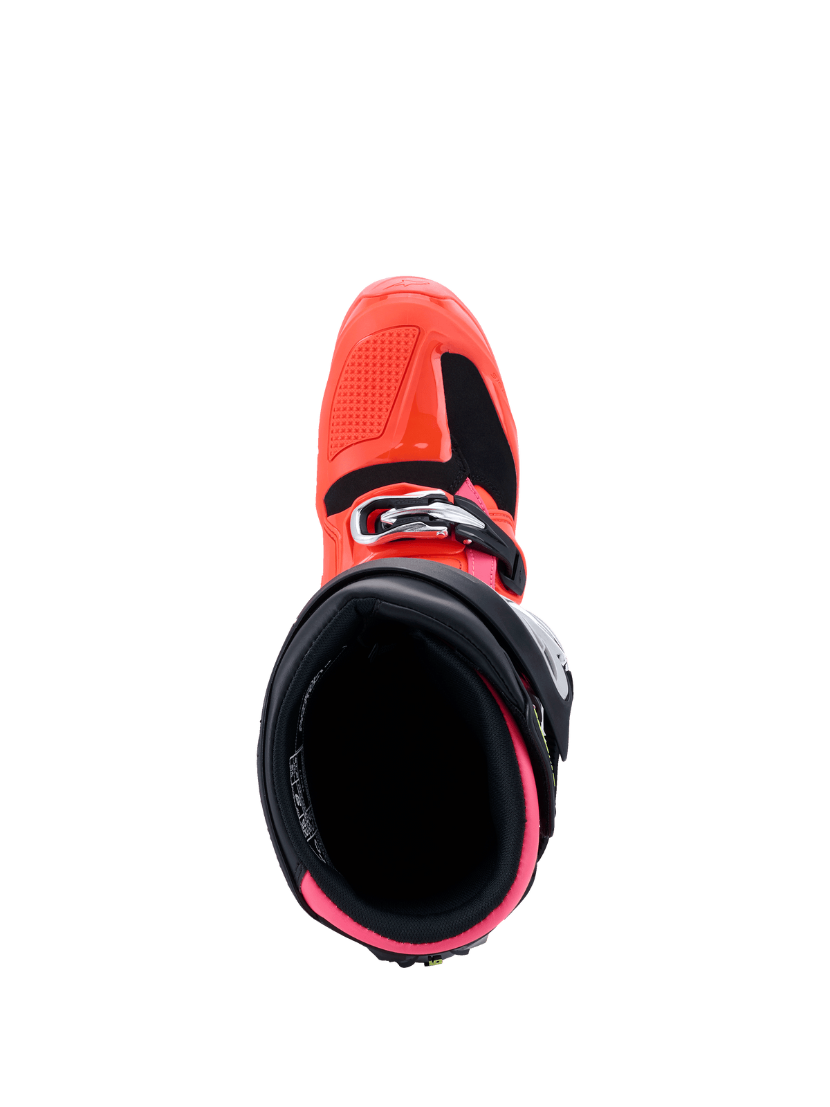 Alpinestars Tech 7 Boots, MX26 Collection, Motocross Boots, Black Red Fluo and Pink Fluo, top-down view looking into the interior opening, featuring bright pink lining and red fluo exterior shell with buckle closure.
