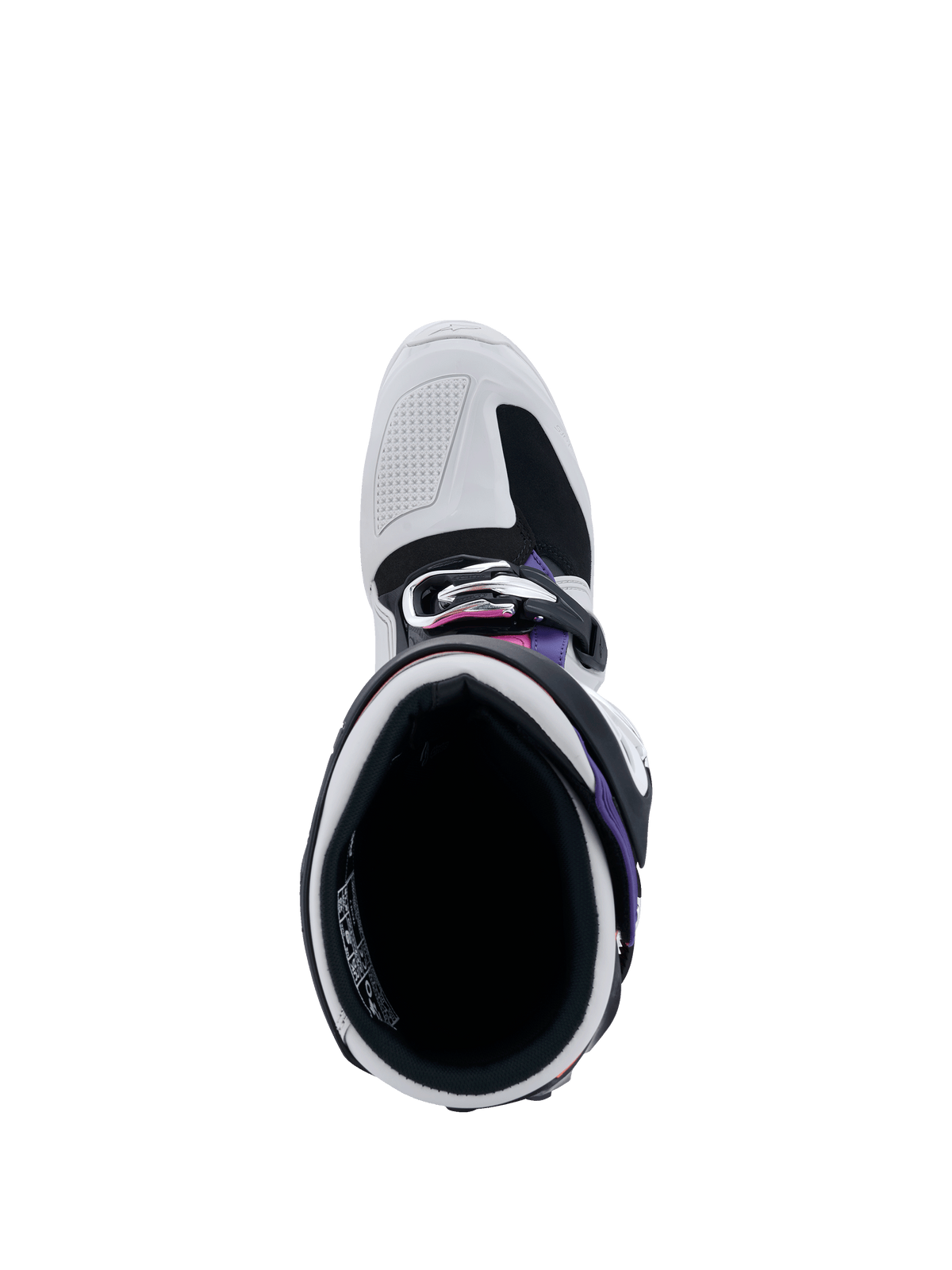 Botas Alpinestars Tech 7, vista superior da abertura da bota, cinzento claro e preto com detalhes em roxo e magenta, mostrando o acolchoamento interior, o sistema de fivelas e a biqueira reforçada para corridas off-road