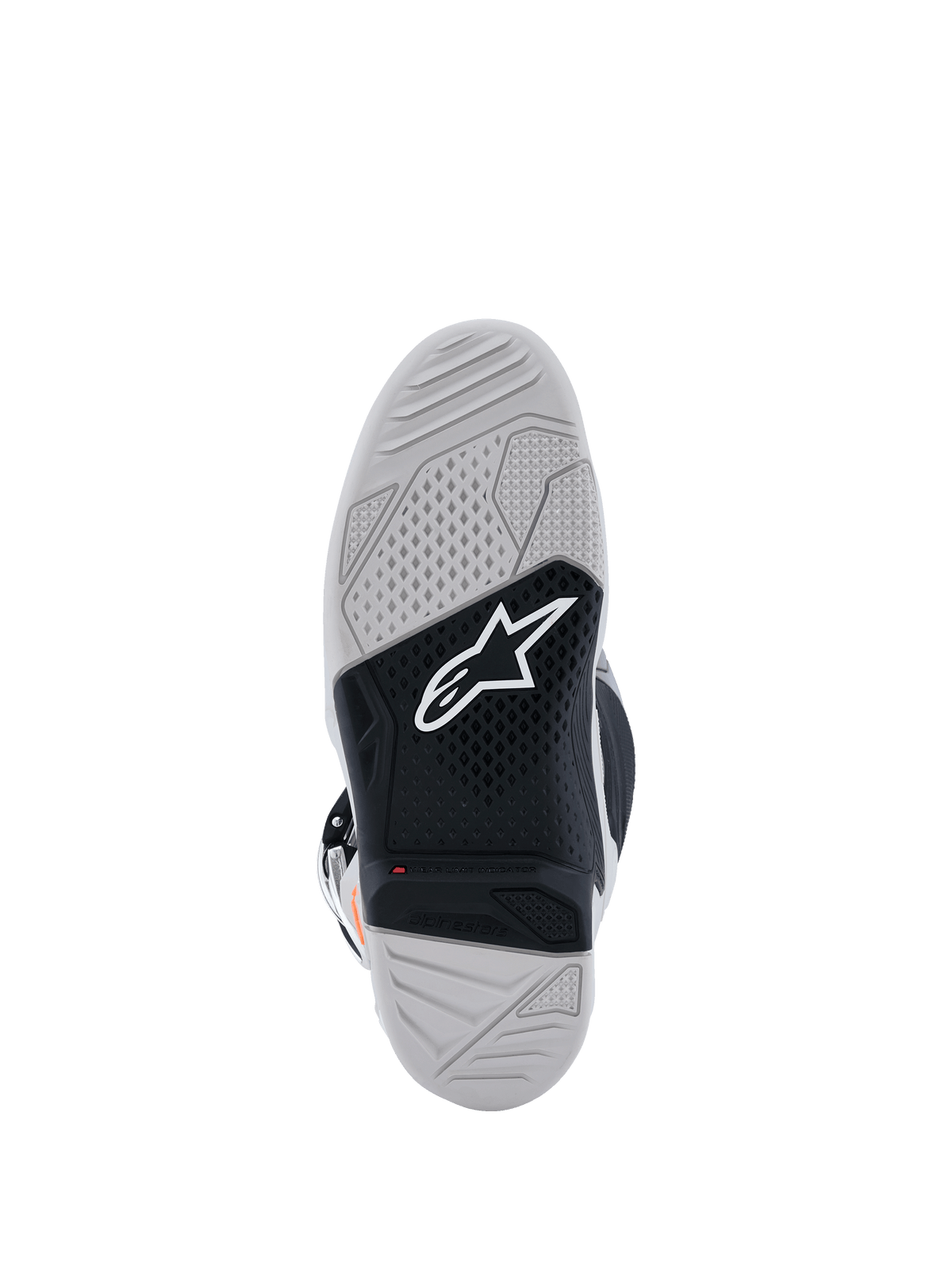 Botas Alpinestars Tech 7, vista da sola, botas de motocross, cinzento claro e preto, com sola de borracha vulcanizada de duplo composto, logótipo Alpinestars branco, indicador vermelho de limite de desgaste e padrão de aderência texturado de alta tração