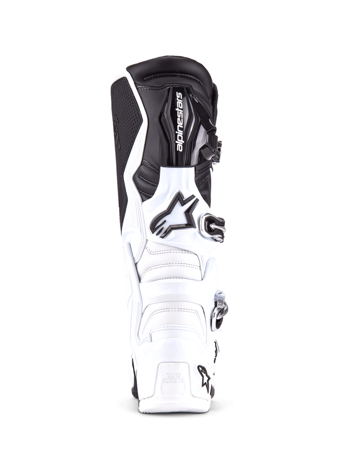 Botas Alpinestars Tech 7, botas de motocross profissionais em branco e preto, vista frontal mostrando a placa da canela reforçada com o logótipo Alpinestars, sistema de fecho com múltiplas fivelas e construção durável em TPU para condução todo-o-terreno