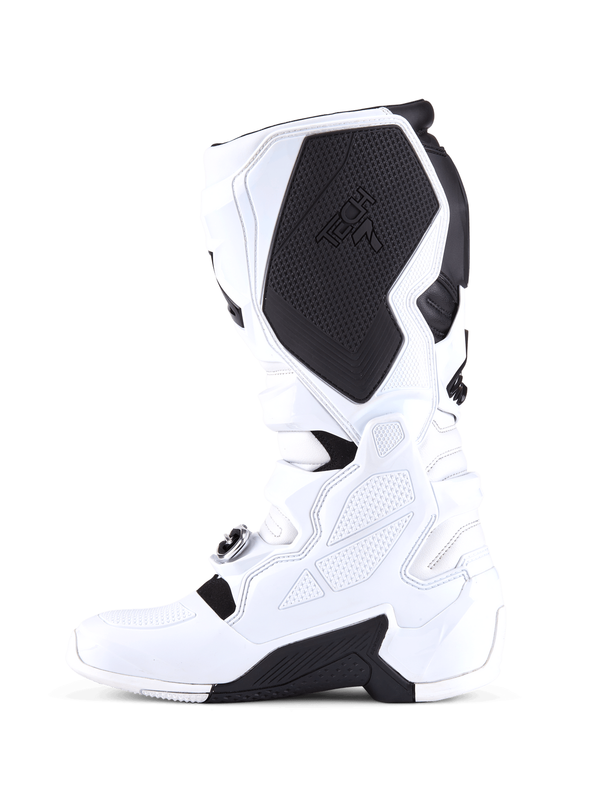 Botas Alpinestars Tech 7, botas de motocross, brancas e pretas, perfil lateral medial com um grande painel protetor interno preto na panturrilha com a marca Tech 7, construção em TPU branco e superfícies de aderência texturadas.