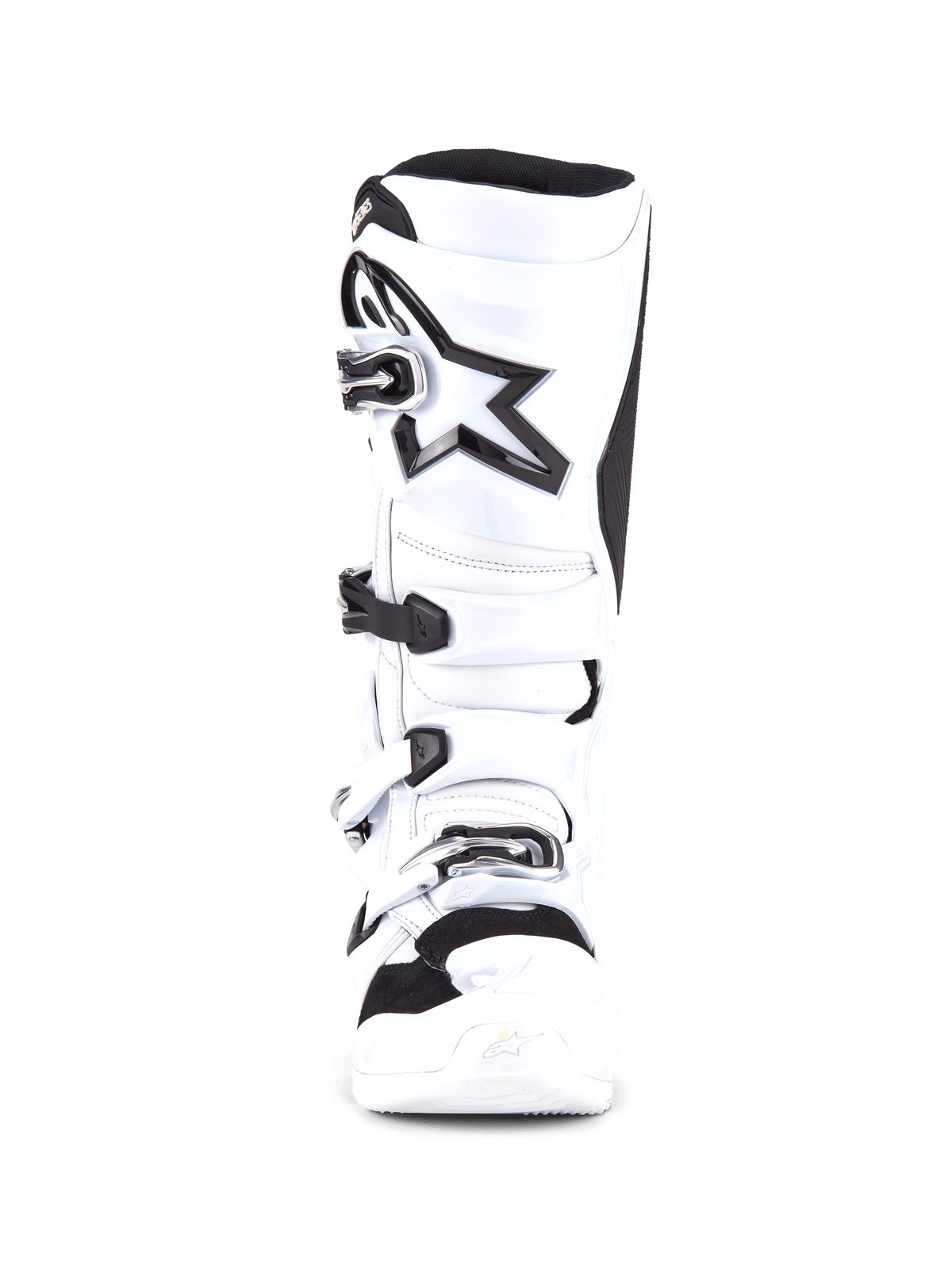 Botas Alpinestars Tech 7, botas de motocross, brancas e pretas, vista frontal com sistema de fecho de quatro fivelas, grande logótipo de estrela preta na canela, estrutura protetora em TPU e biqueira reforçada para corridas de motocross