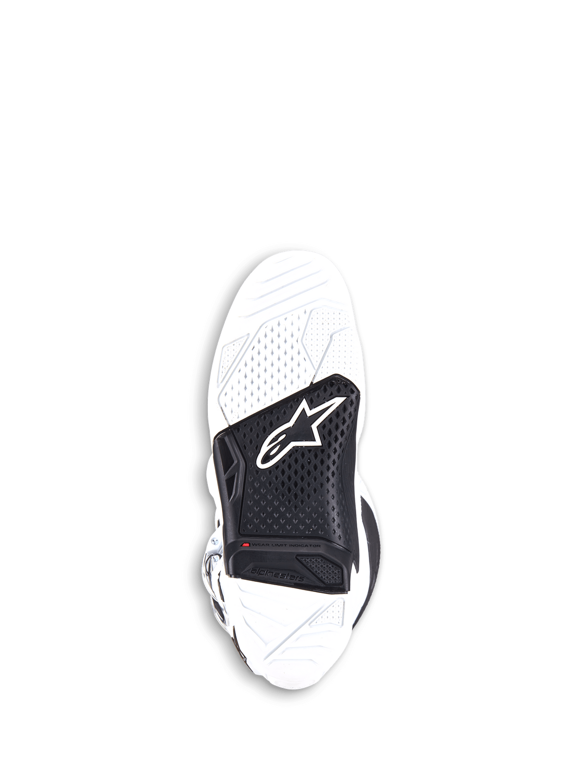 Botas Alpinestars Tech 7, botas de motocross, brancas e pretas, vista inferior da sola de borracha vulcanizada de composto duplo substituível, com uma inserção central preta com o logótipo Alpinestars e um indicador de limite de desgaste vermelho.